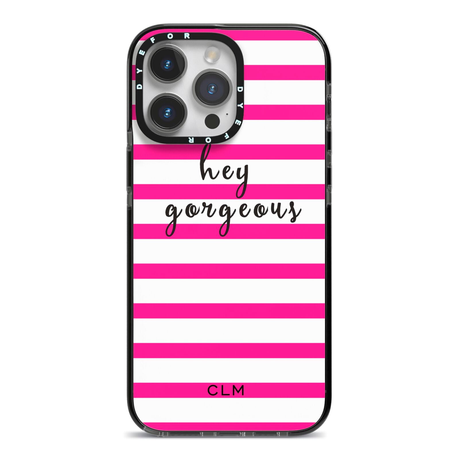 Personalised Initials Pink Striped iPhone 14 Pro Max Black Impact Case on Silver phone