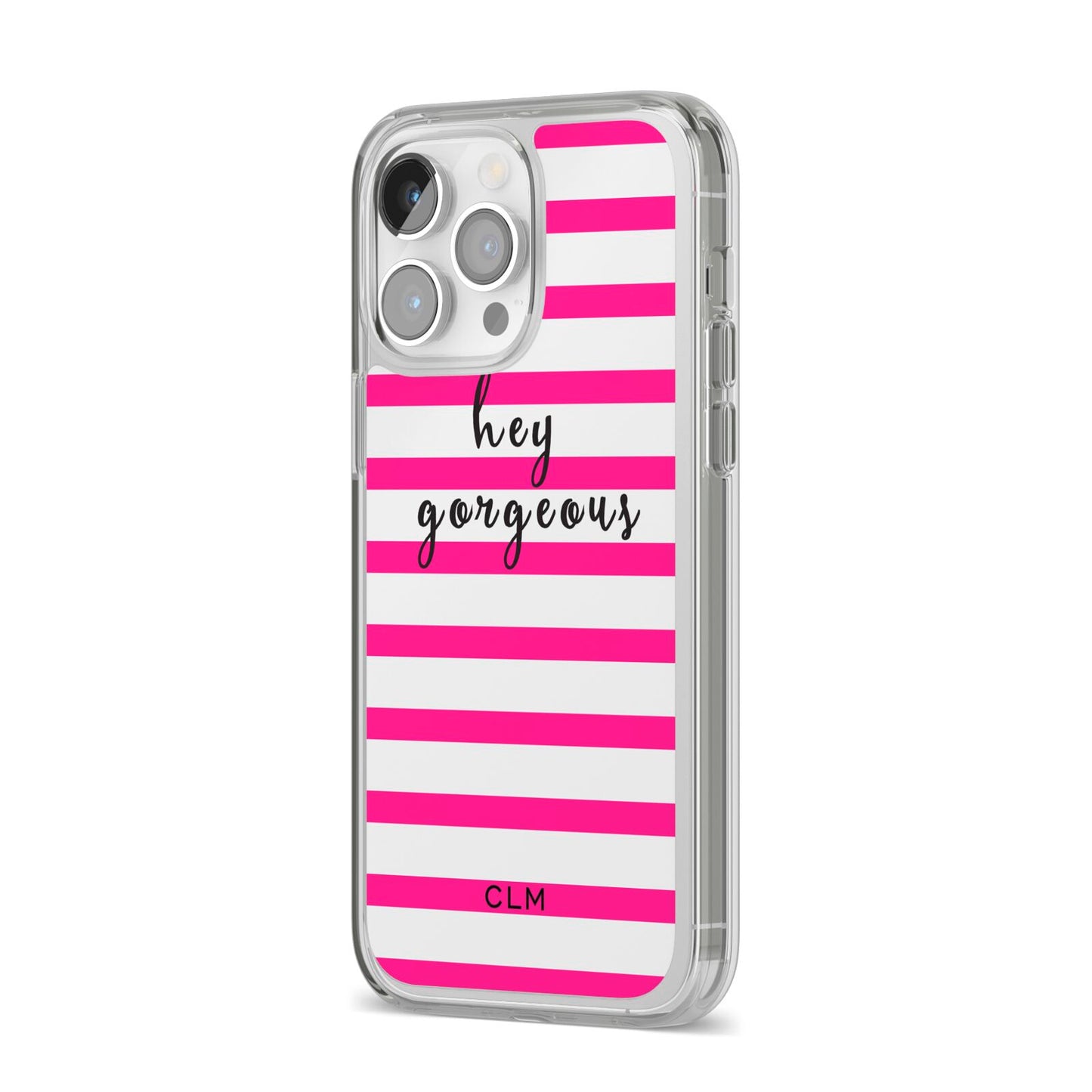 Personalised Initials Pink Striped iPhone 14 Pro Max Clear Tough Case Silver Angled Image