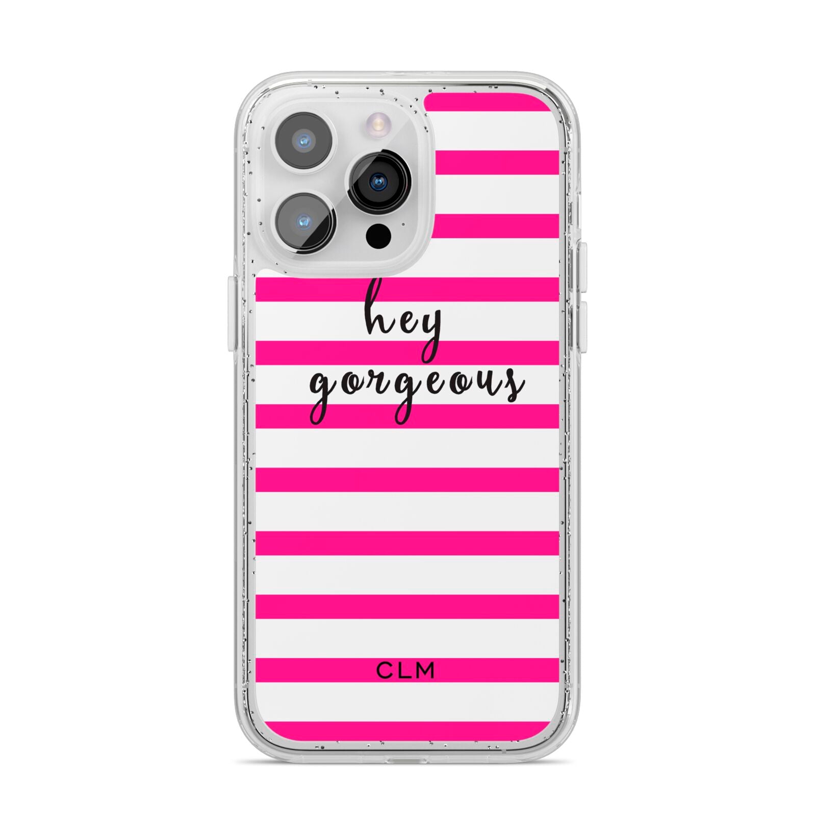 Personalised Initials Pink Striped iPhone 14 Pro Max Glitter Tough Case Silver