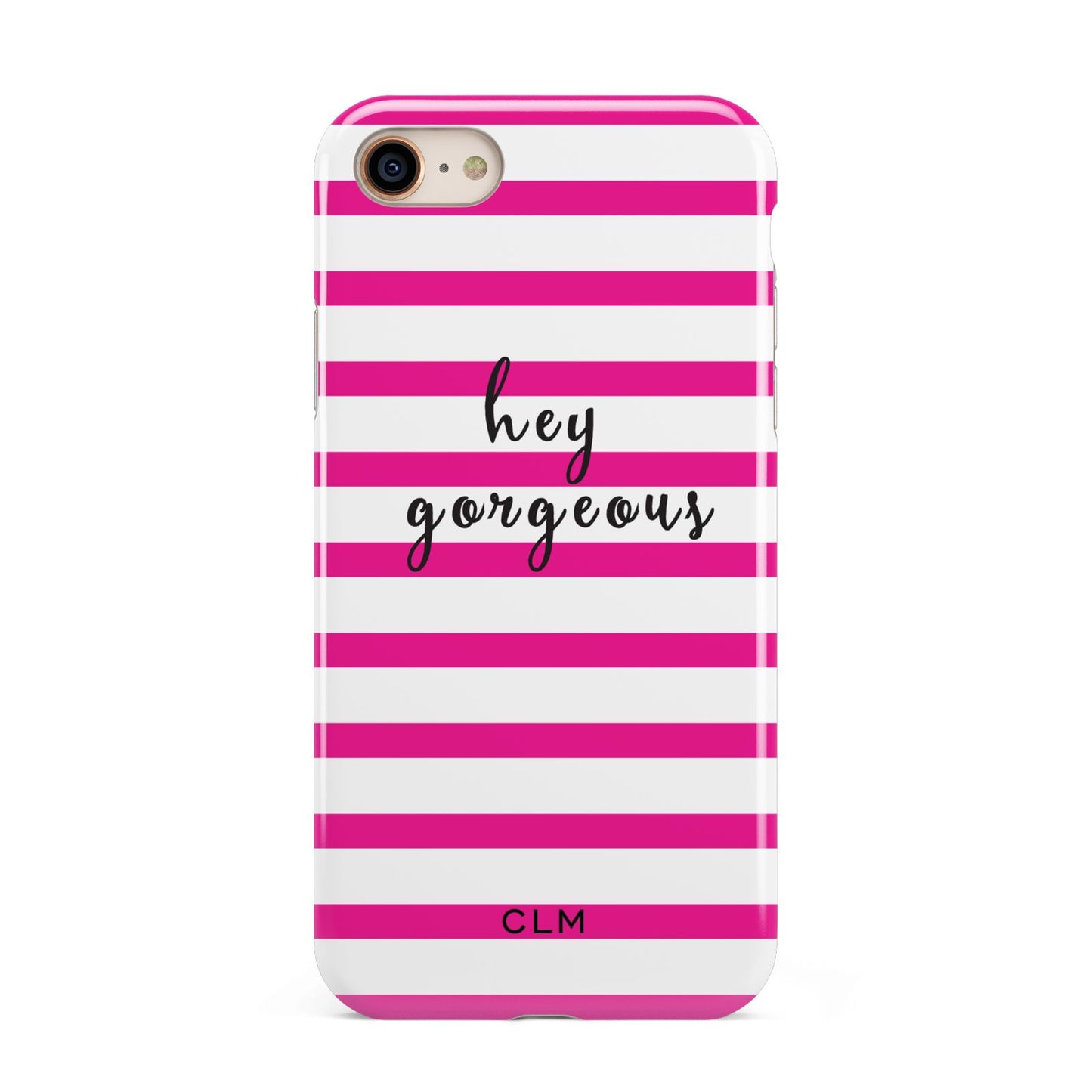 Personalised Initials Pink Striped iPhone 8 3D Tough Case on Gold Phone