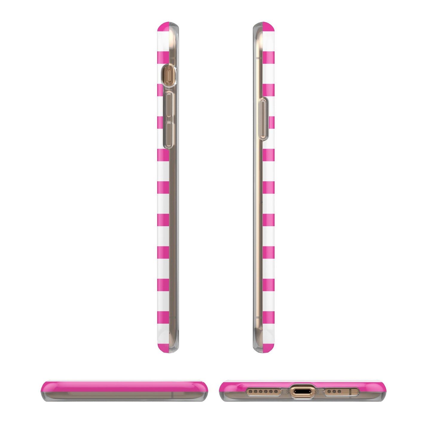 Personalised Initials Pink Striped iPhone XS 3D Tough Case in Gold Angled Images