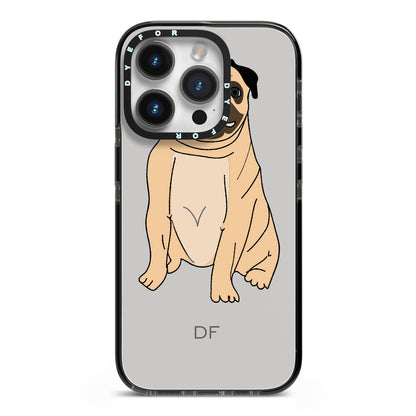 Personalised Initials Pug iPhone 14 Pro Black Impact Case on Silver phone