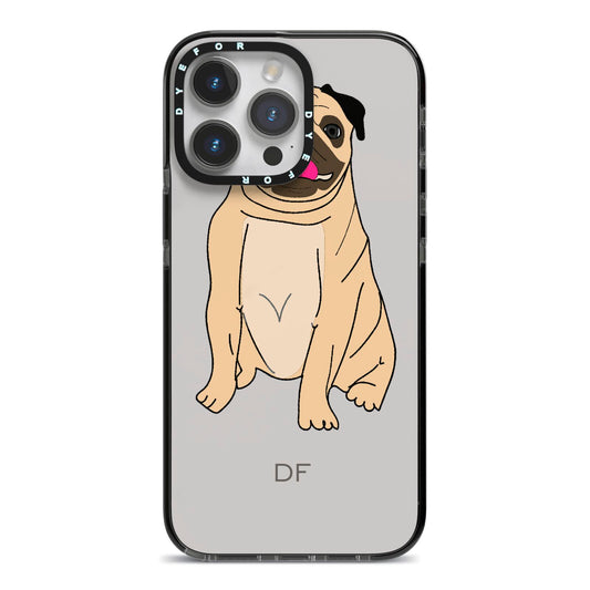 Personalised Initials Pug iPhone 14 Pro Max Black Impact Case on Silver phone
