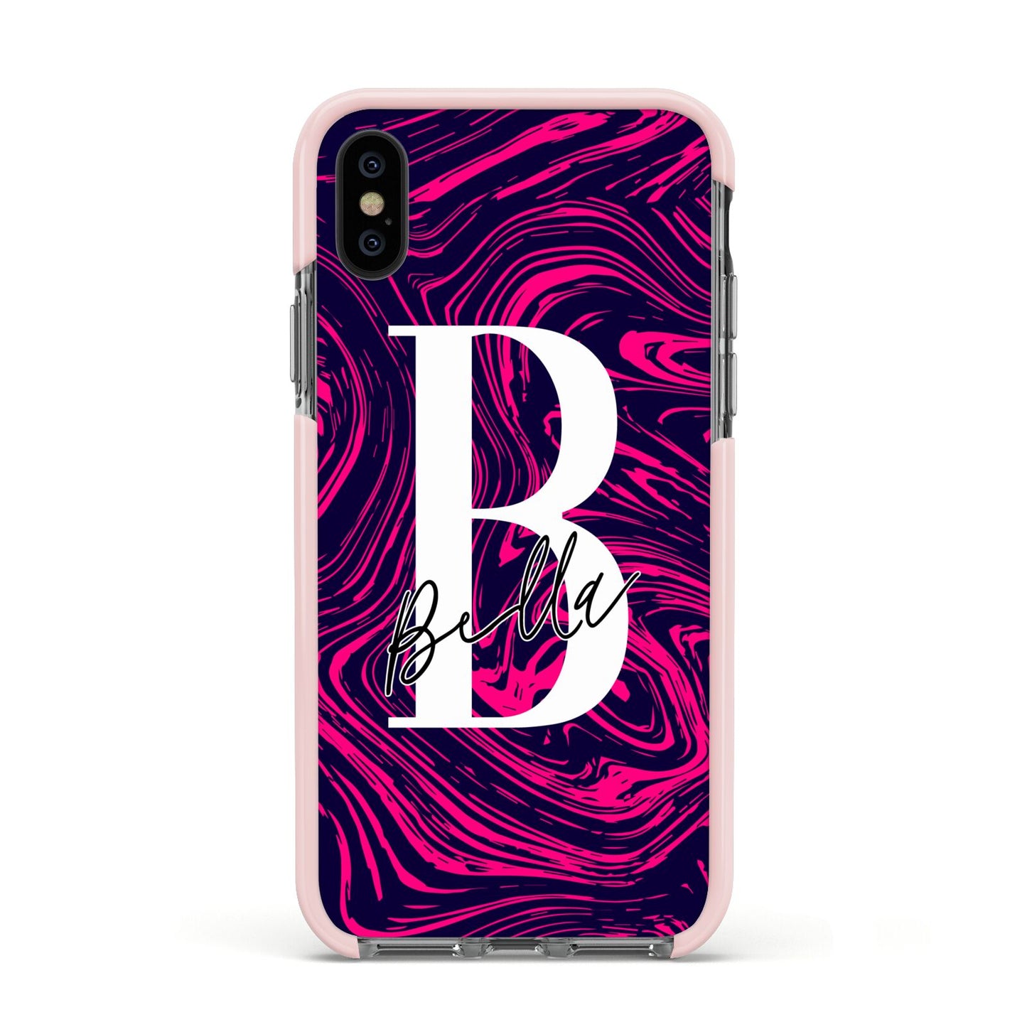 Personalised Ink Marble Apple iPhone Xs Impact Case Pink Edge on Black Phone
