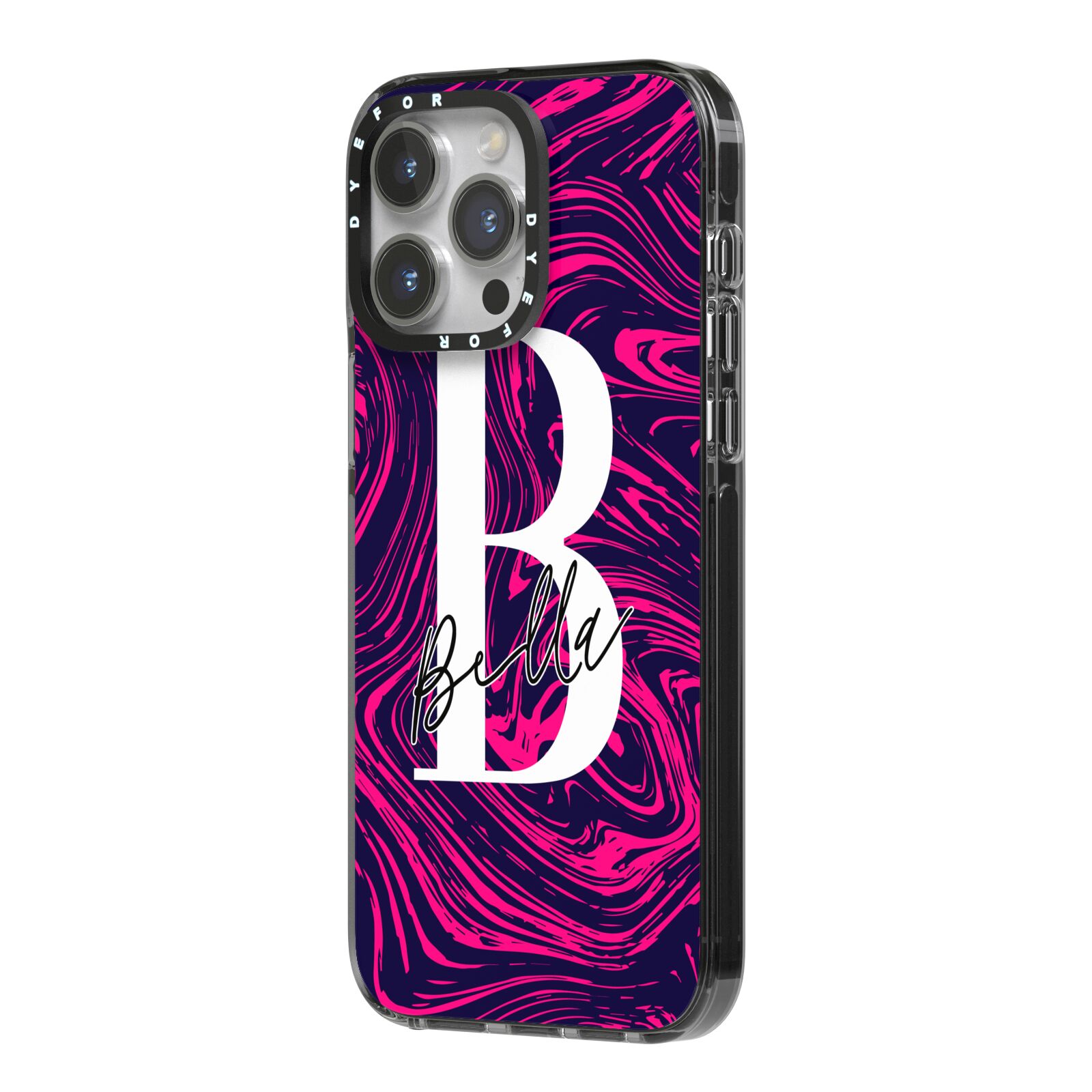 Personalised Ink Marble iPhone 14 Pro Max Black Impact Case Side Angle on Silver phone