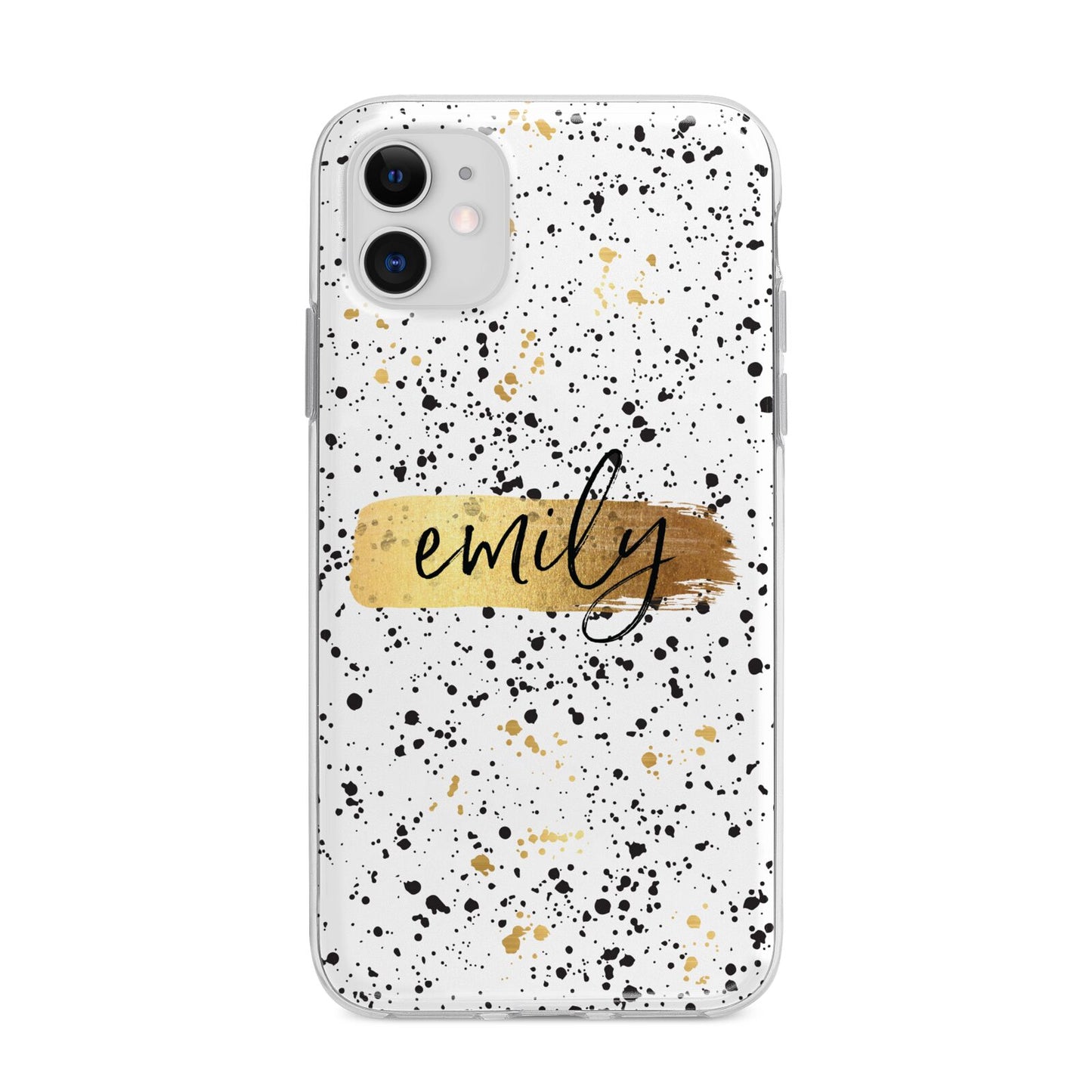 Personalised Ink Splatter Gold Apple iPhone 11 in White with Bumper Case