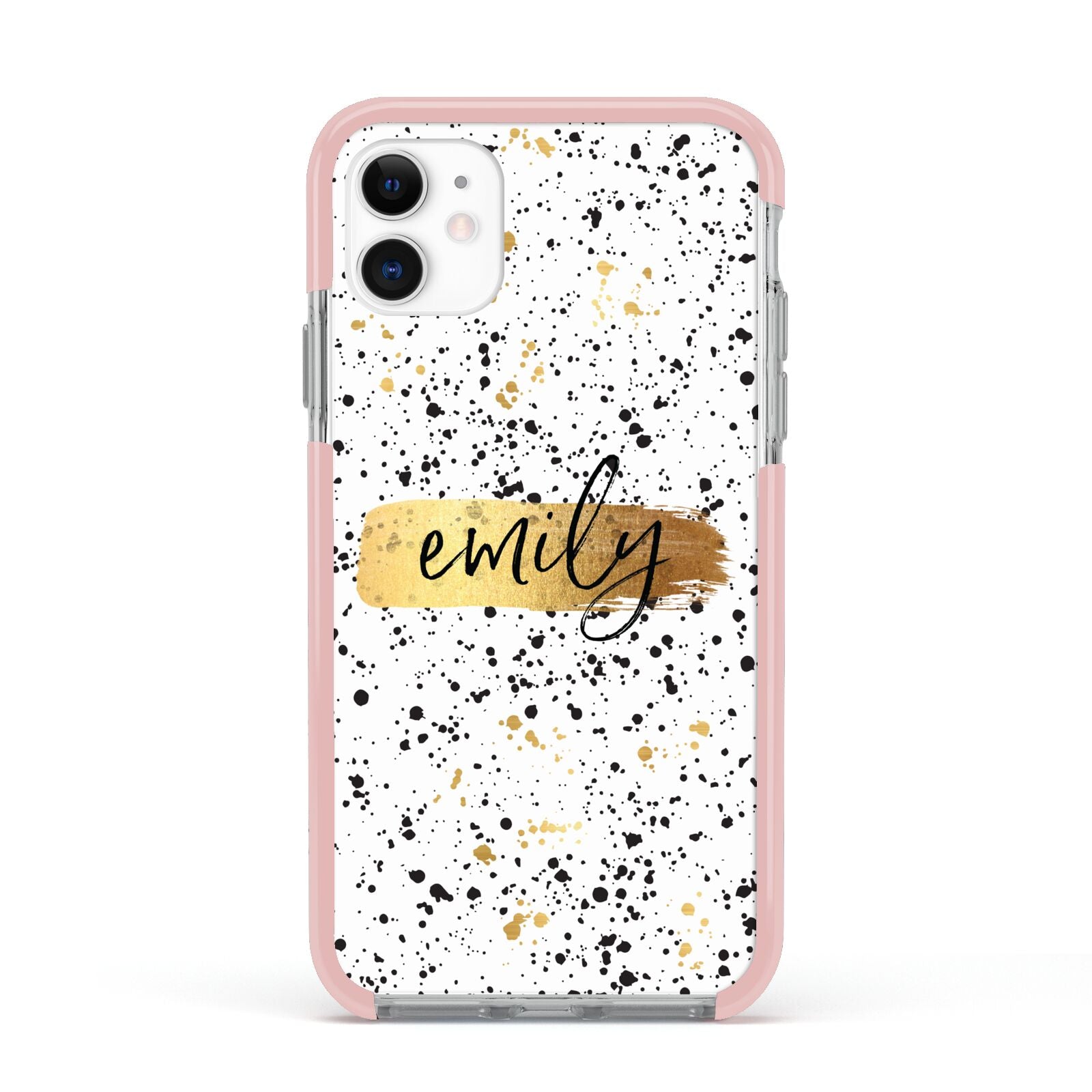 Personalised Ink Splatter Gold Apple iPhone 11 in White with Pink Impact Case