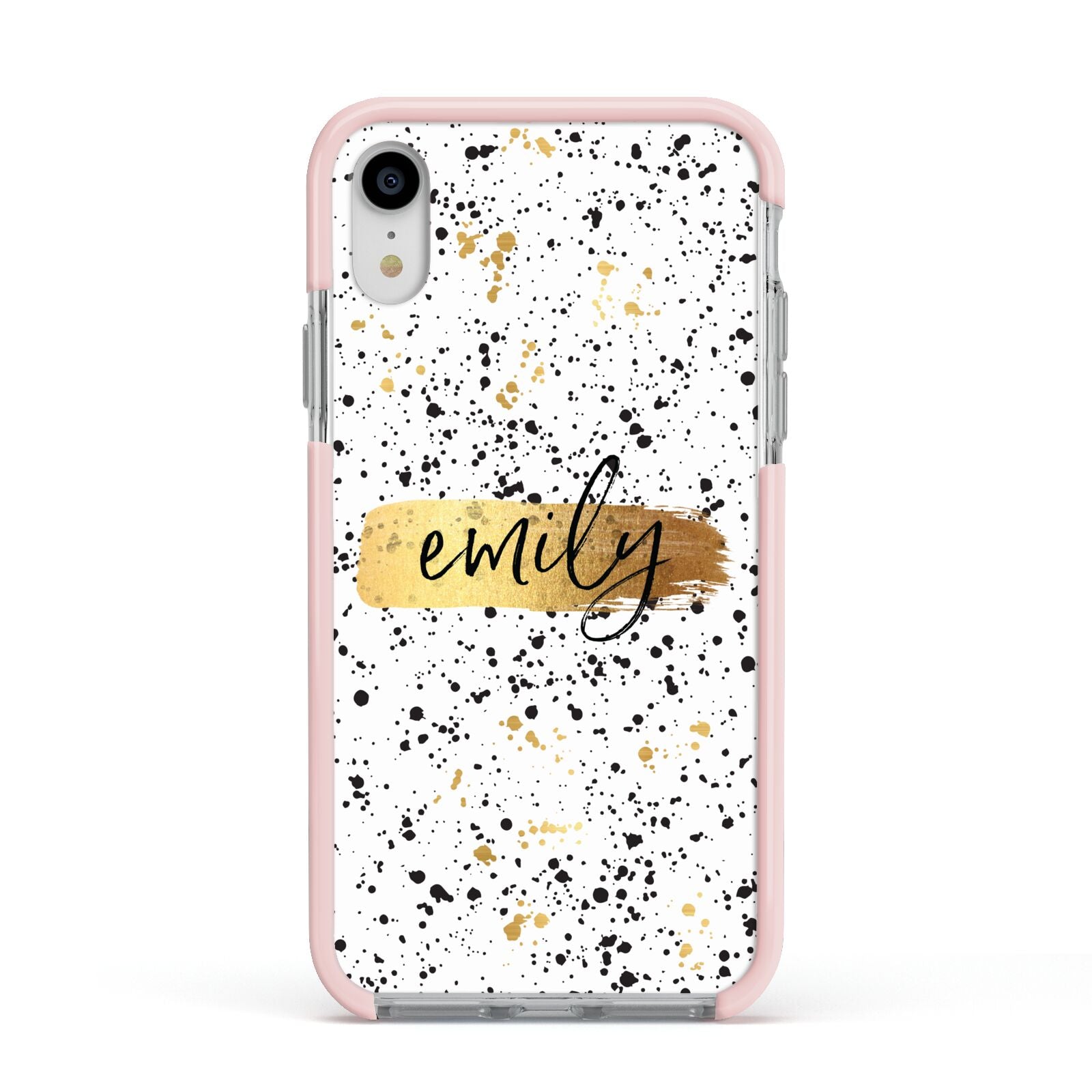 Personalised Ink Splatter Gold Apple iPhone XR Impact Case Pink Edge on Silver Phone