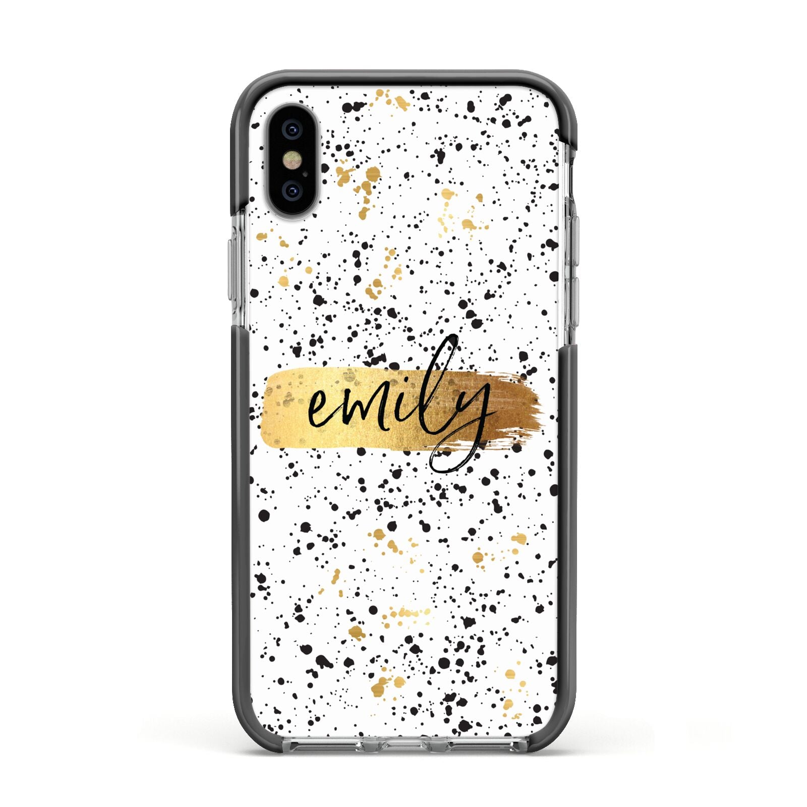 Personalised Ink Splatter Gold Apple iPhone Xs Impact Case Black Edge on Silver Phone