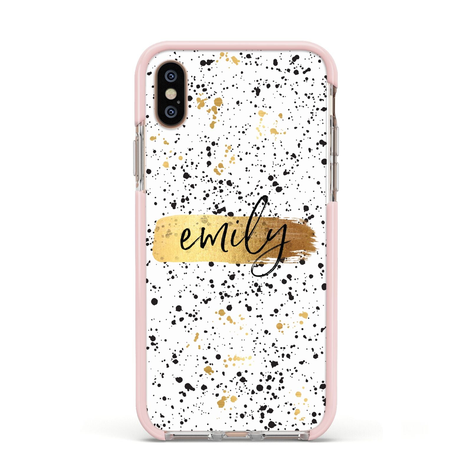 Personalised Ink Splatter Gold Apple iPhone Xs Impact Case Pink Edge on Gold Phone