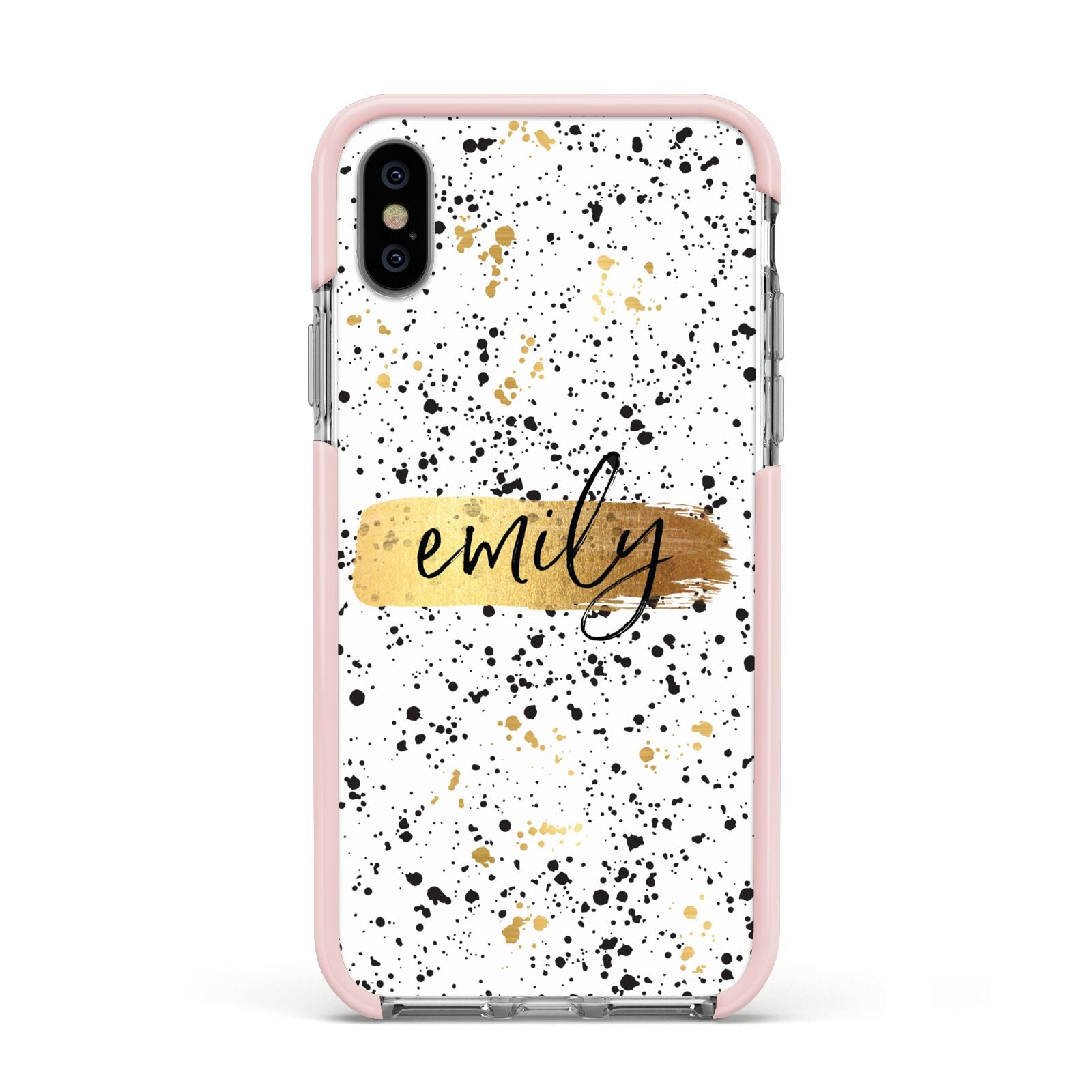 Personalised Ink Splatter Gold Apple iPhone Xs Impact Case Pink Edge on Silver Phone