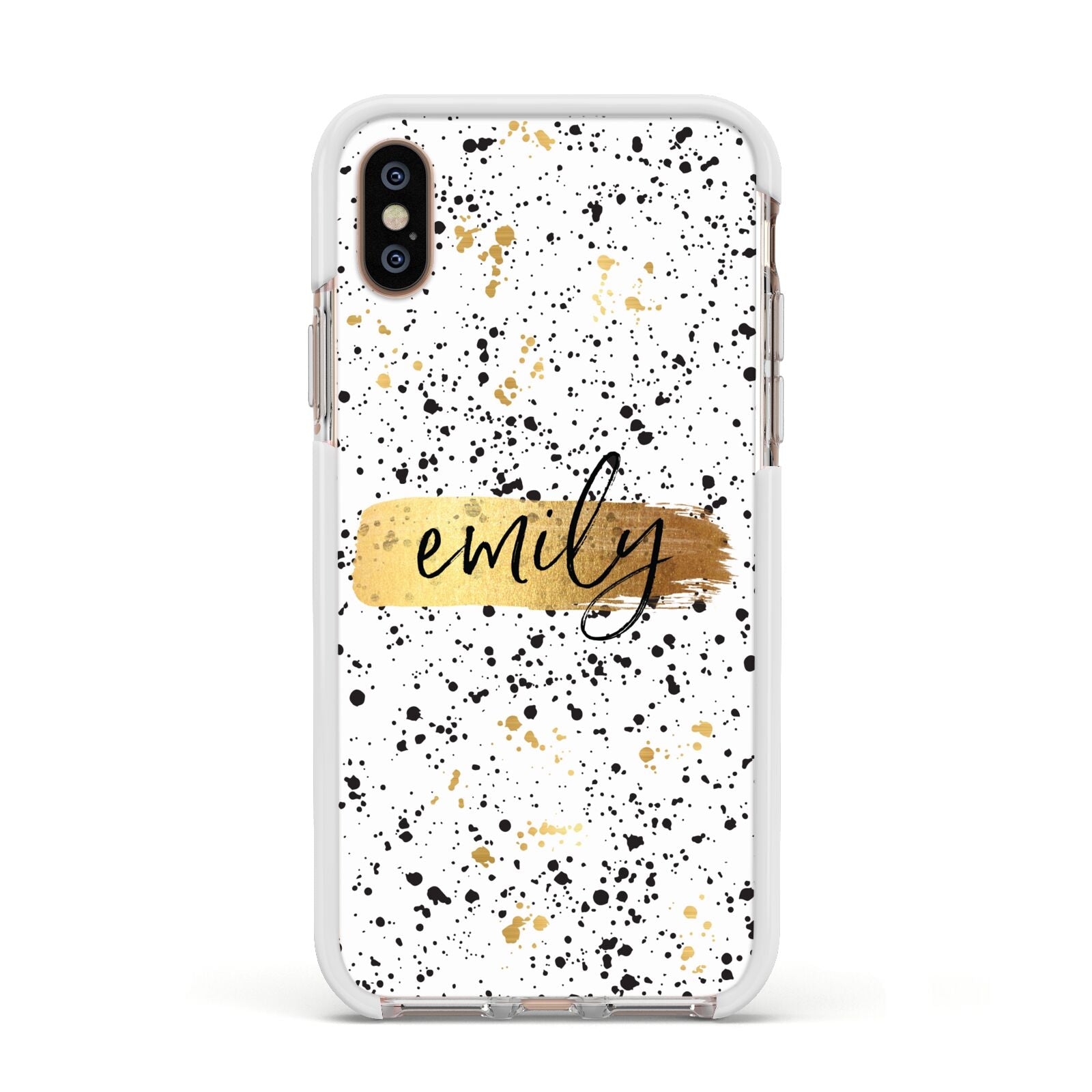 Personalised Ink Splatter Gold Apple iPhone Xs Impact Case White Edge on Gold Phone