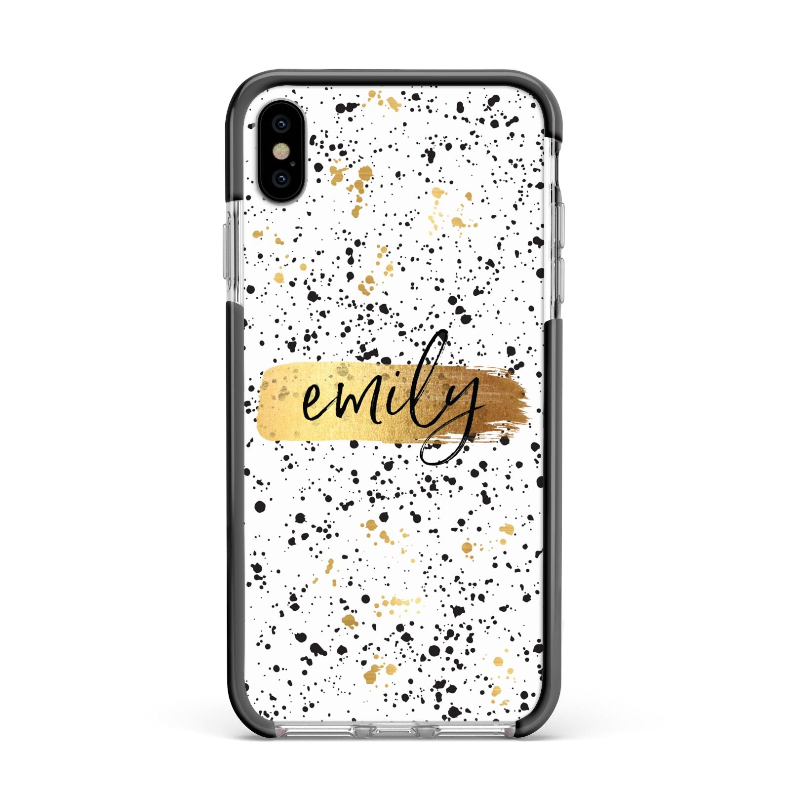 Personalised Ink Splatter Gold Apple iPhone Xs Max Impact Case Black Edge on Silver Phone