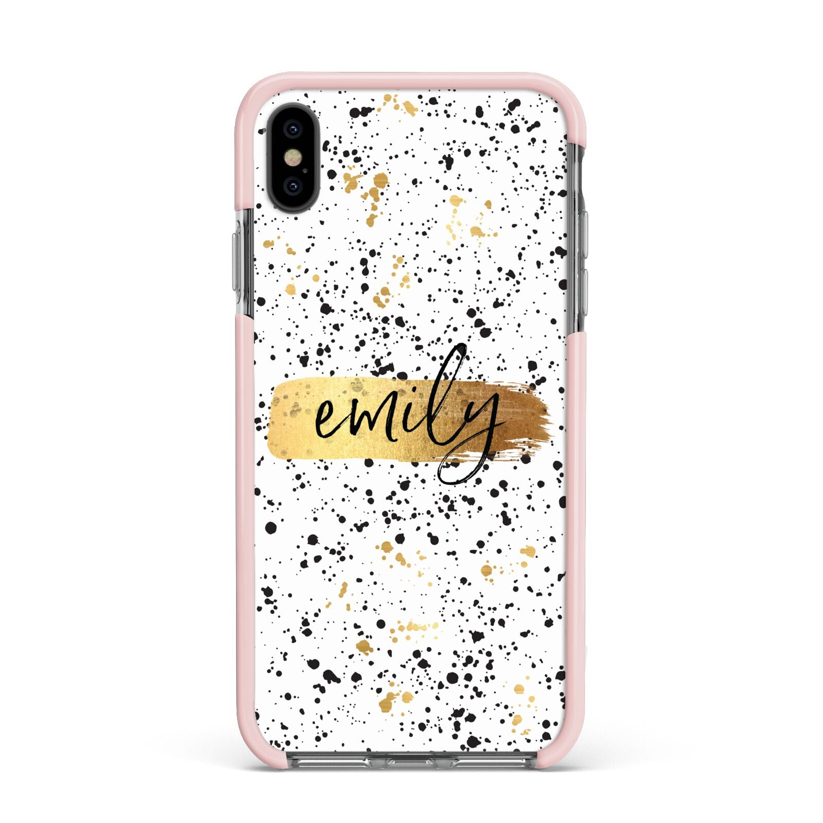 Personalised Ink Splatter Gold Apple iPhone Xs Max Impact Case Pink Edge on Black Phone