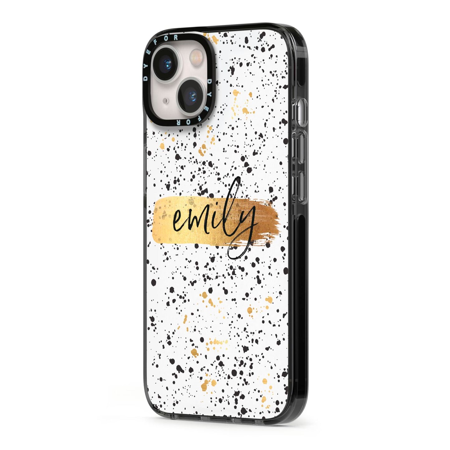 Personalised Ink Splatter Gold iPhone 13 Black Impact Case Side Angle on Silver phone