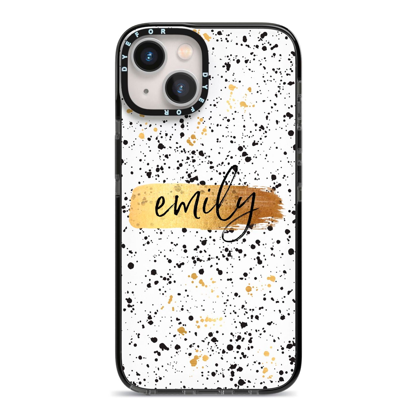 Personalised Ink Splatter Gold iPhone 13 Black Impact Case on Silver phone