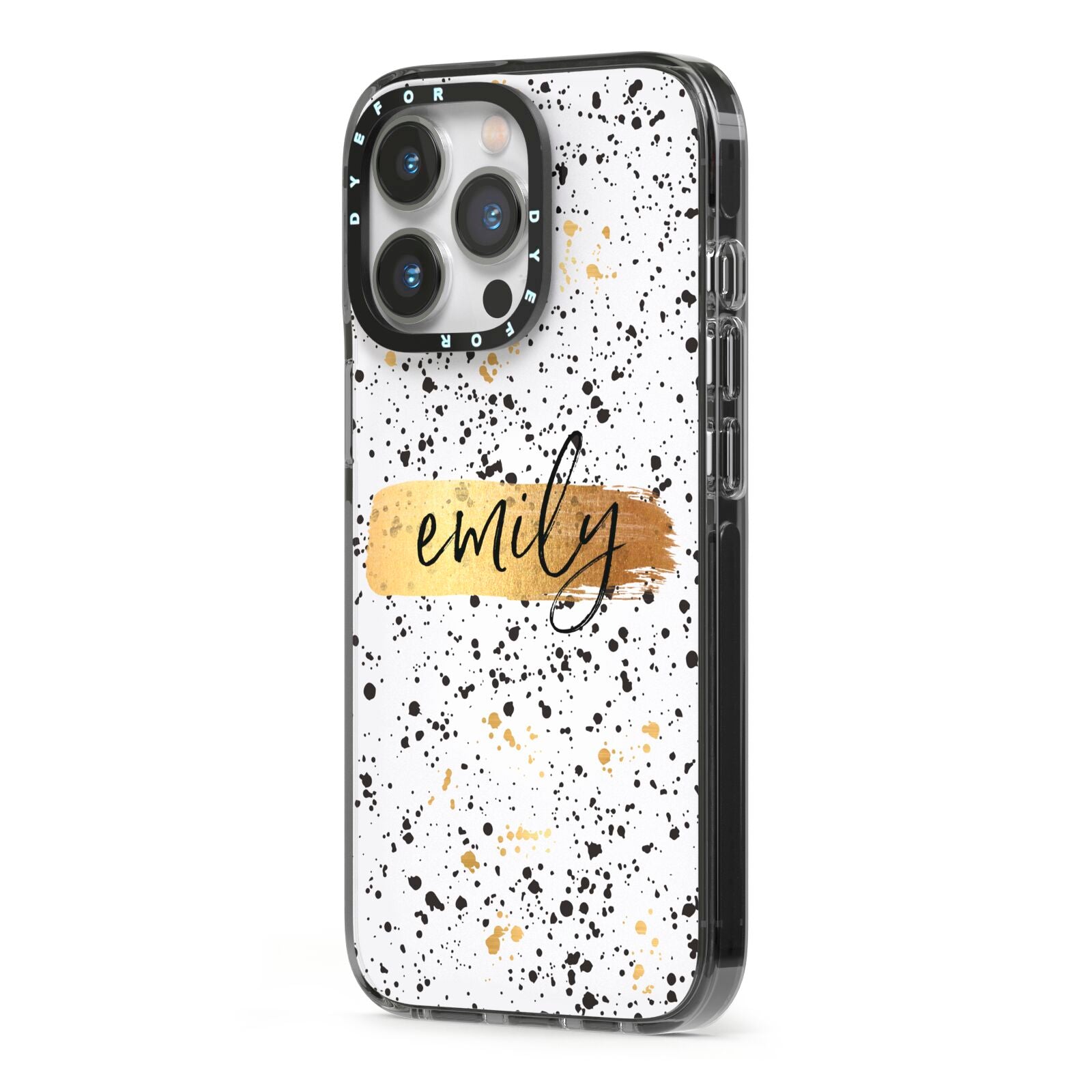 Personalised Ink Splatter Gold iPhone 13 Pro Black Impact Case Side Angle on Silver phone