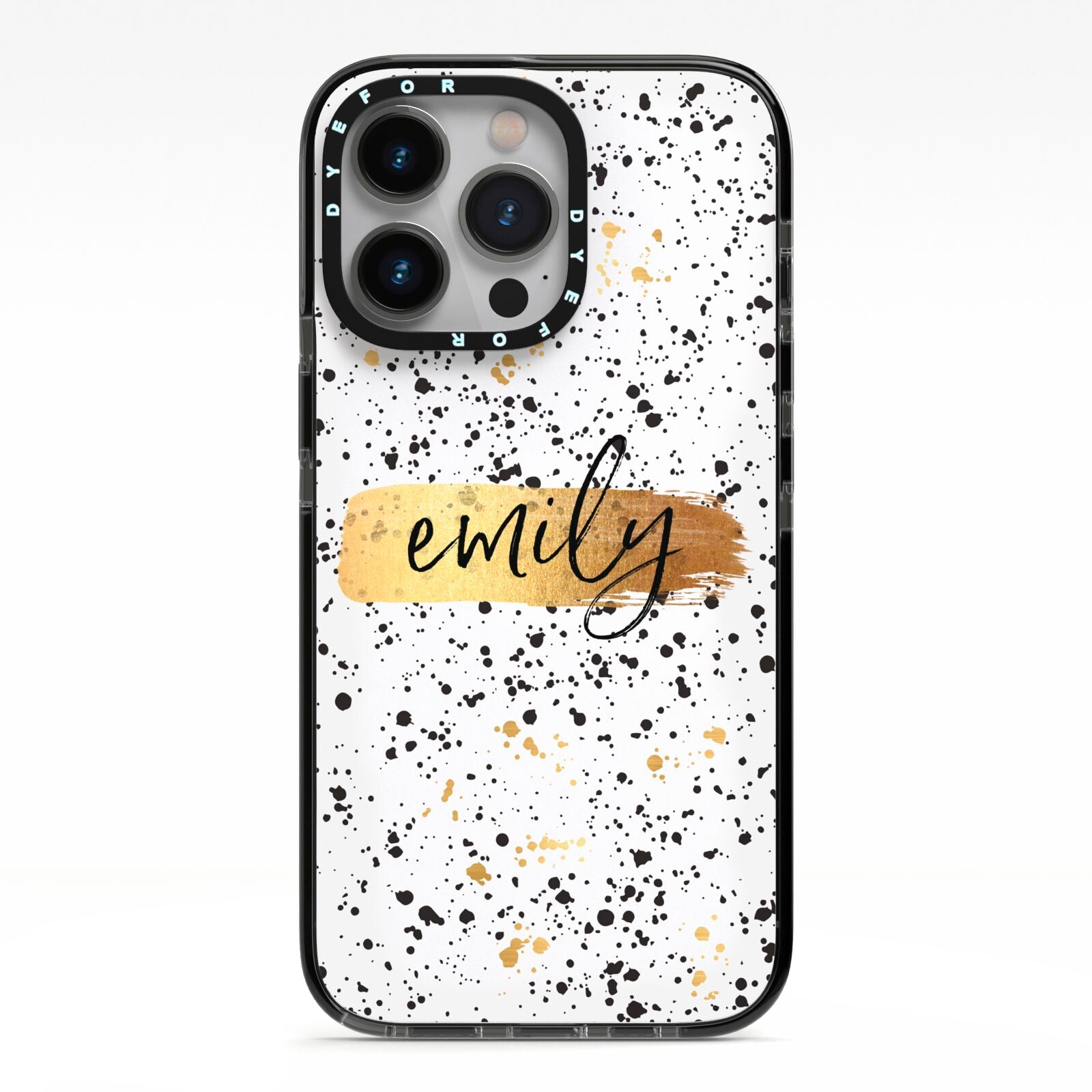 Personalised Ink Splatter Gold iPhone 13 Pro Black Impact Case on Silver phone