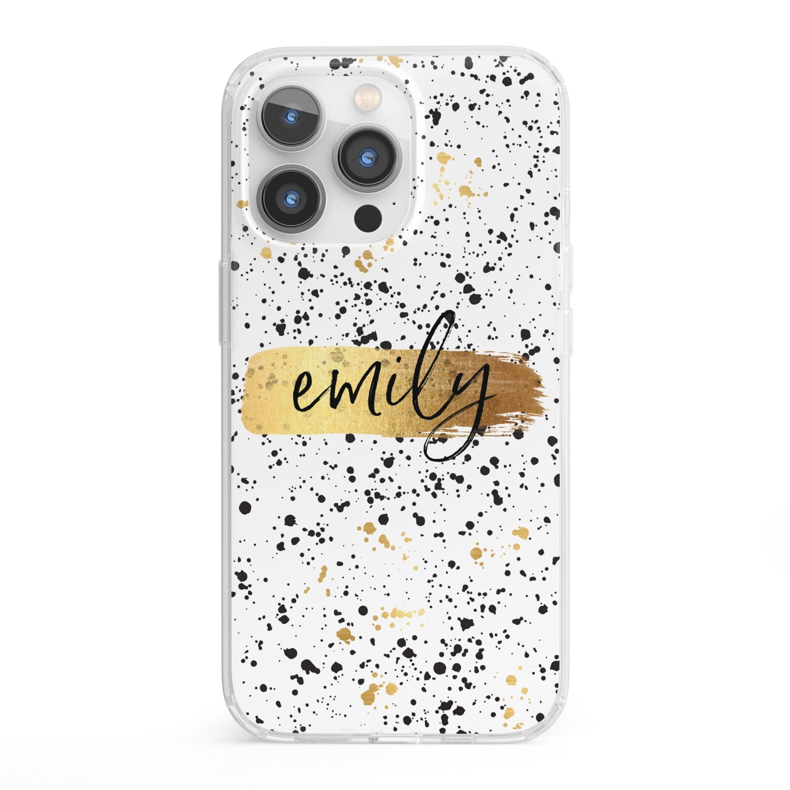 Personalised Ink Splatter Gold iPhone 13 Pro Clear Bumper Case