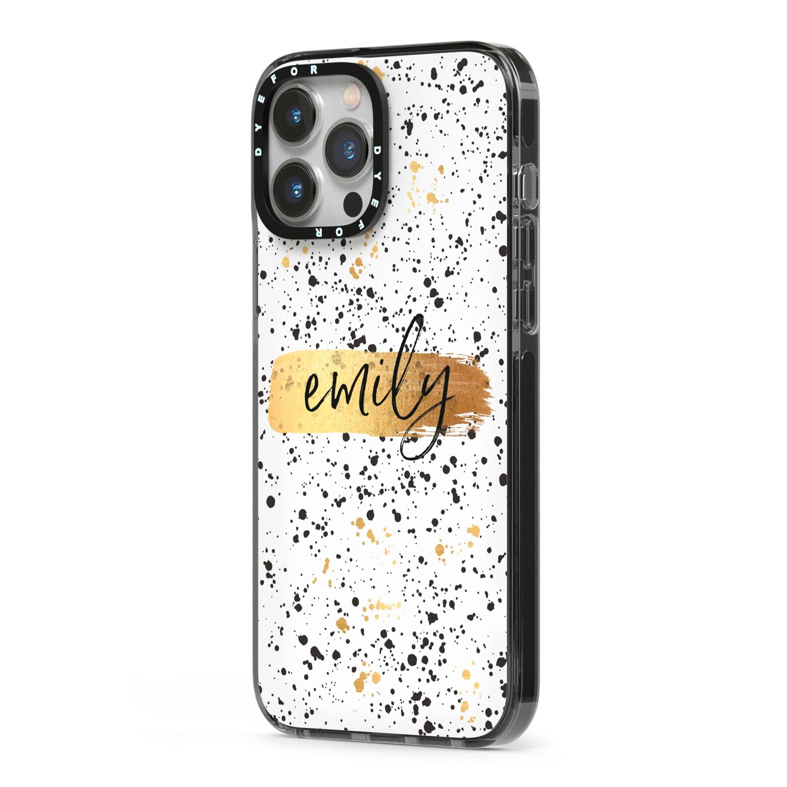 Personalised Ink Splatter Gold iPhone 13 Pro Max Black Impact Case Side Angle on Silver phone