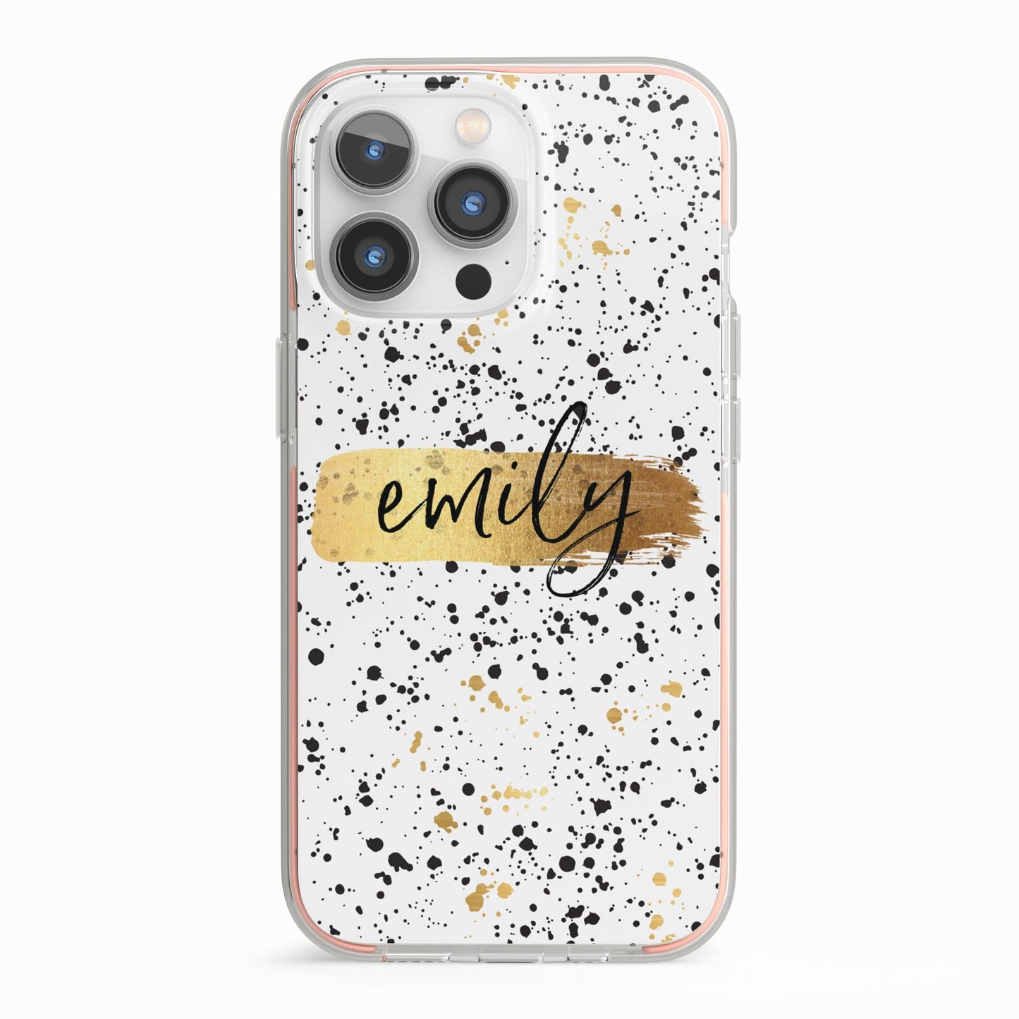 Personalised Ink Splatter Gold iPhone 13 Pro TPU Impact Case with Pink Edges