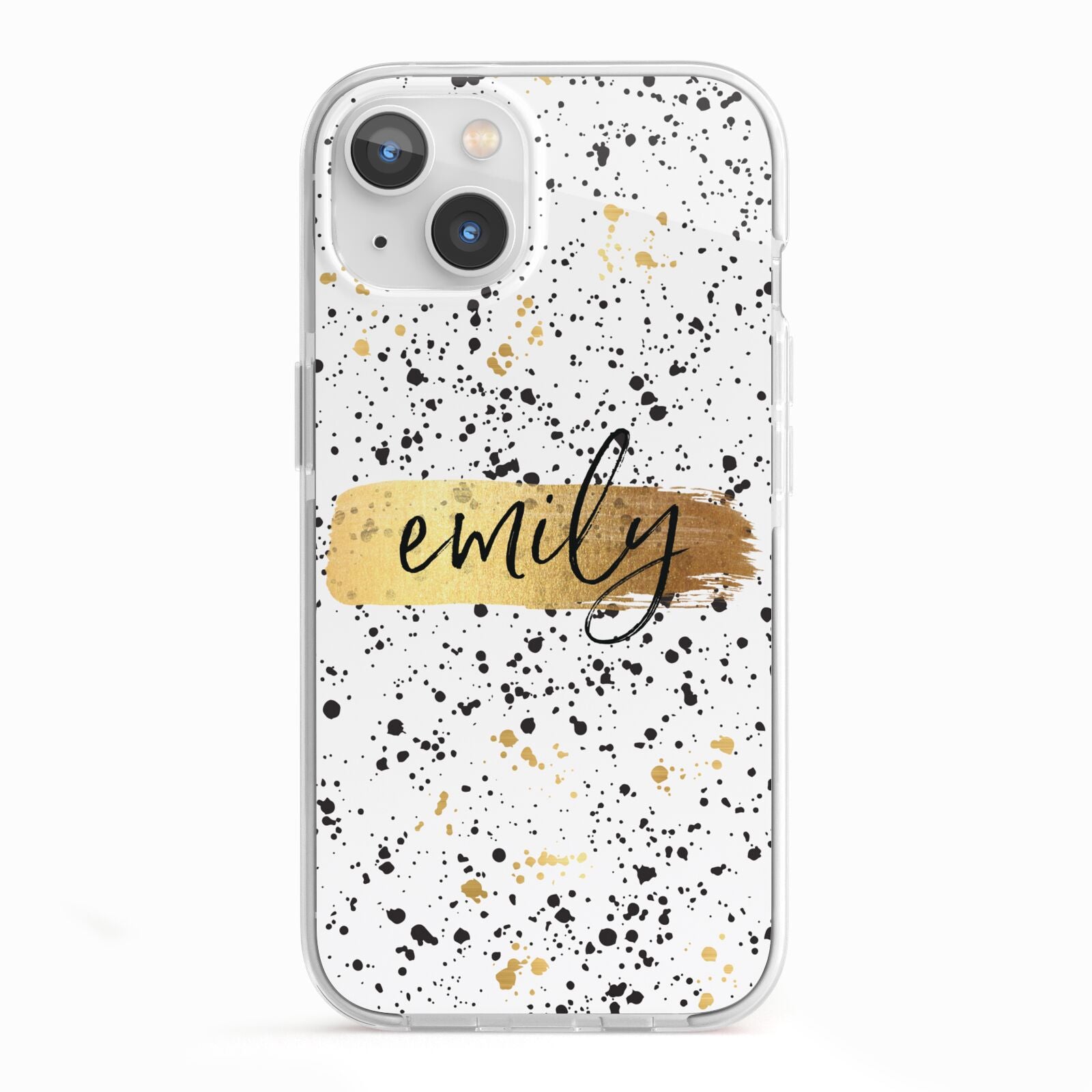 Personalised Ink Splatter Gold iPhone 13 TPU Impact Case with White Edges