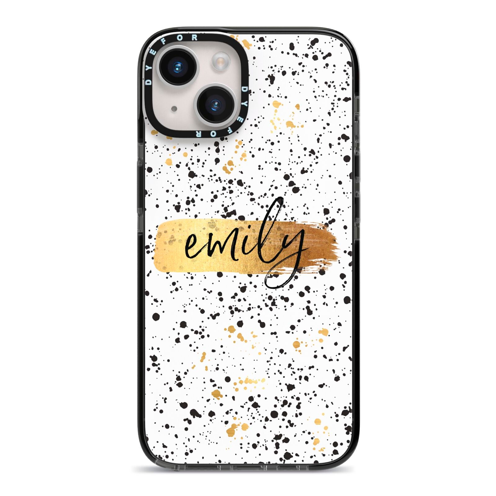 Personalised Ink Splatter Gold iPhone 14 Black Impact Case on Silver phone