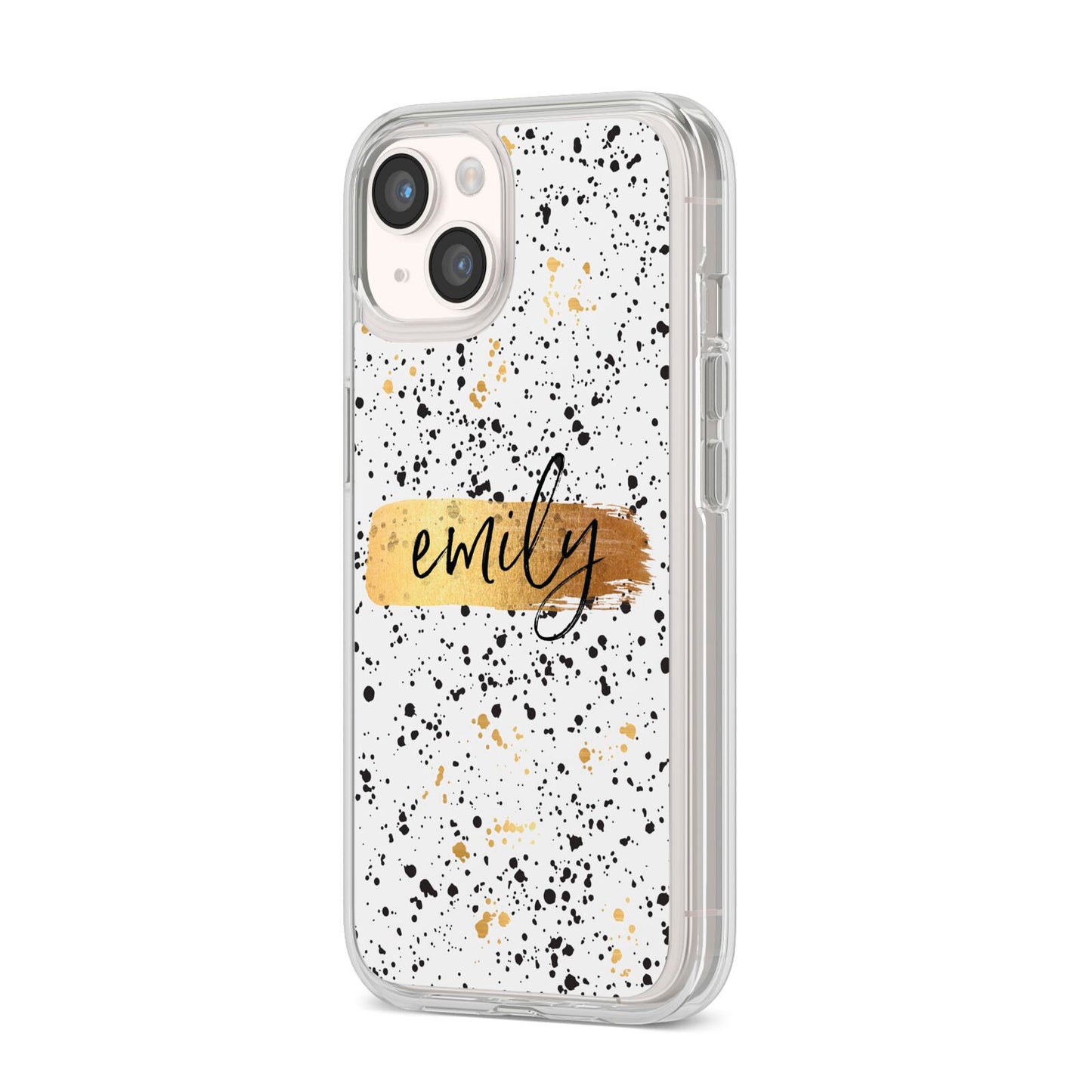 Personalised Ink Splatter Gold iPhone 14 Clear Tough Case Starlight Angled Image