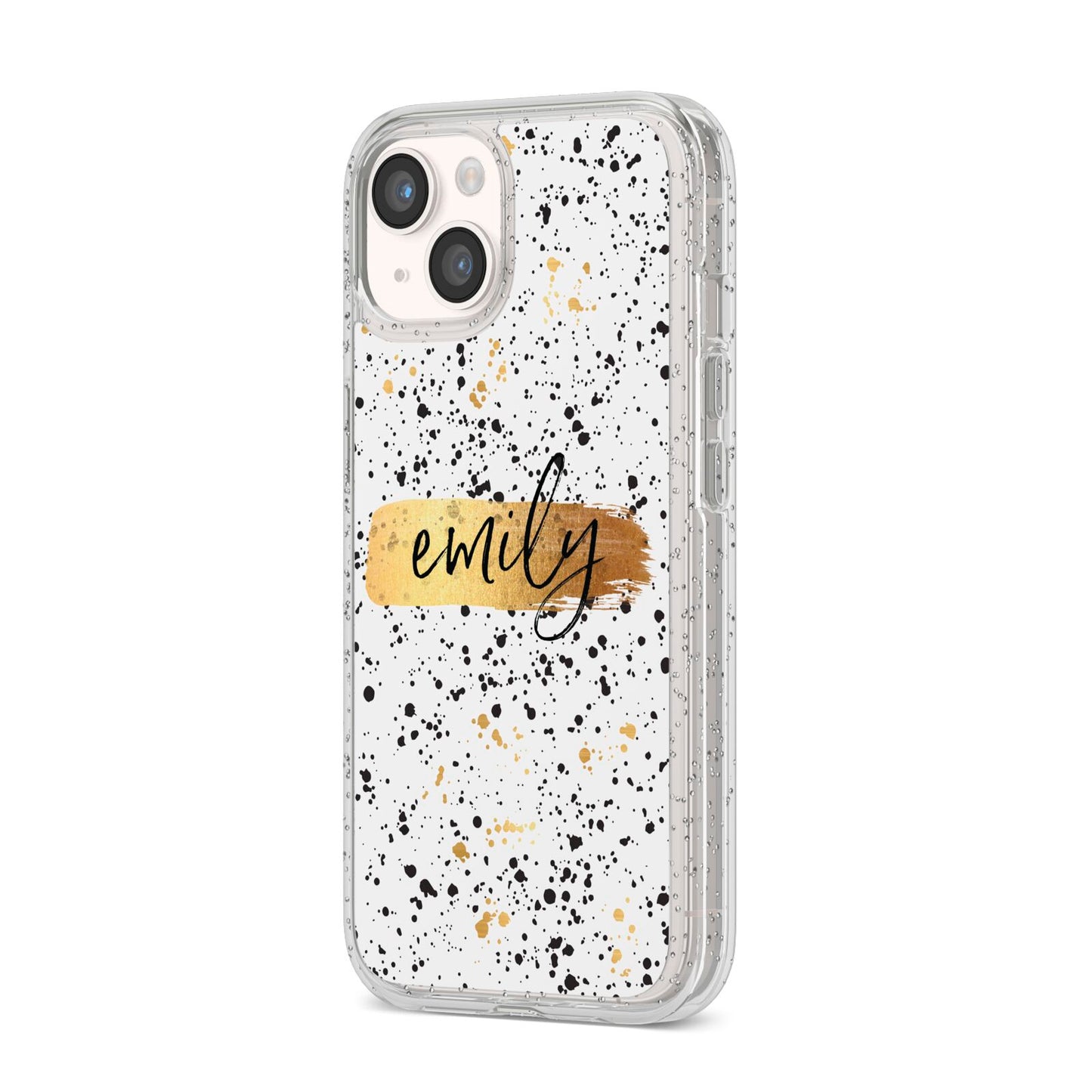 Personalised Ink Splatter Gold iPhone 14 Glitter Tough Case Starlight Angled Image