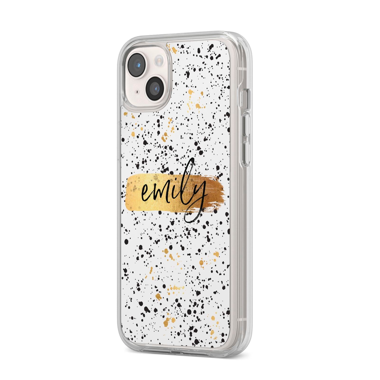 Personalised Ink Splatter Gold iPhone 14 Plus Clear Tough Case Starlight Angled Image