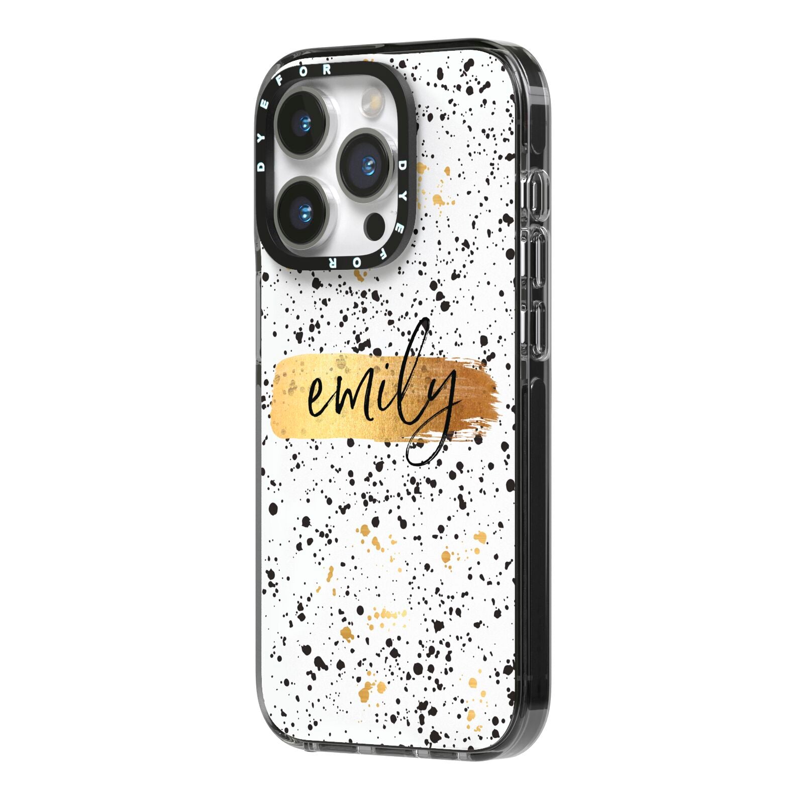 Personalised Ink Splatter Gold iPhone 14 Pro Black Impact Case Side Angle on Silver phone