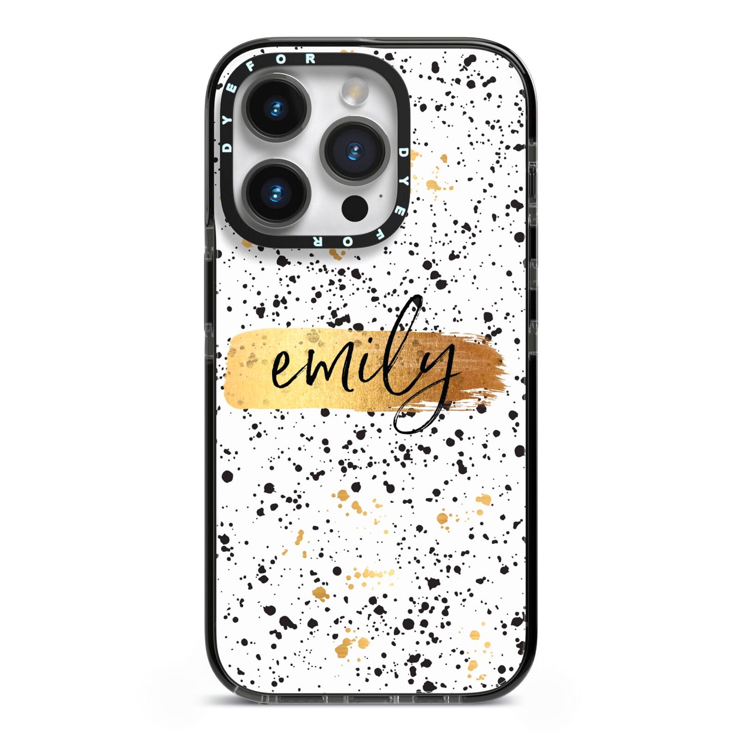 Personalised Ink Splatter Gold iPhone 14 Pro Black Impact Case on Silver phone
