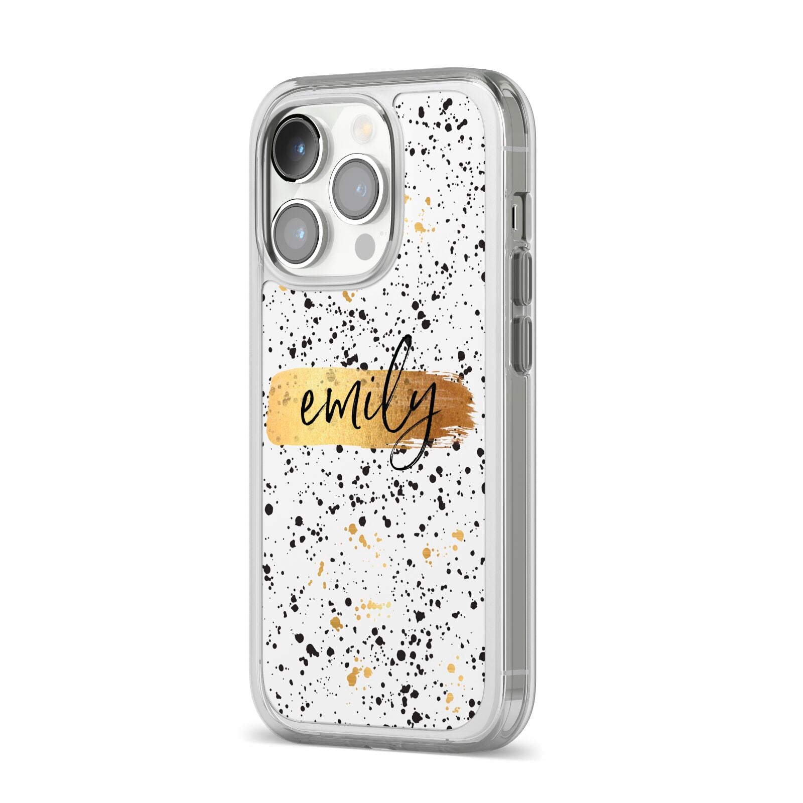 Personalised Ink Splatter Gold iPhone 14 Pro Clear Tough Case Silver Angled Image