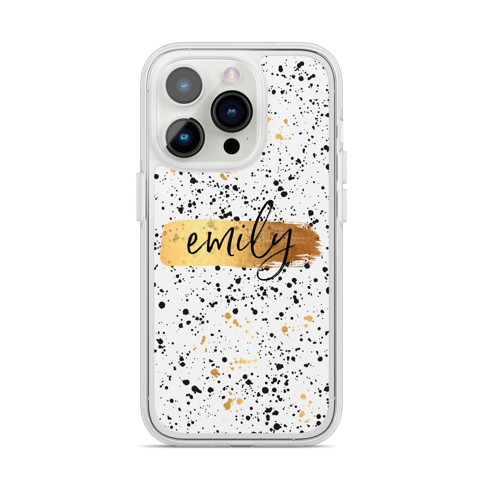 Personalised Ink Splatter Gold iPhone 14 Pro Clear Tough Case Silver