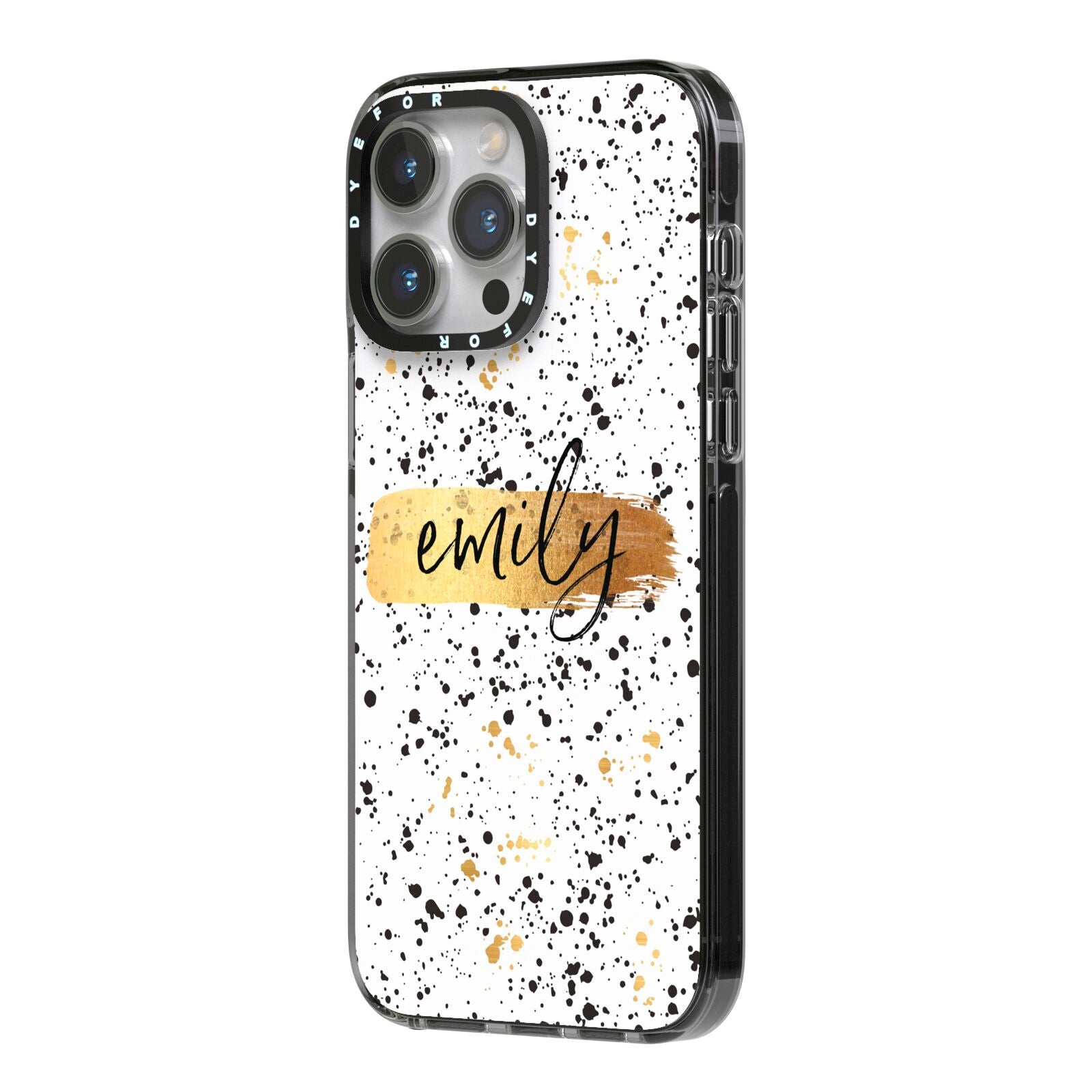 Personalised Ink Splatter Gold iPhone 14 Pro Max Black Impact Case Side Angle on Silver phone