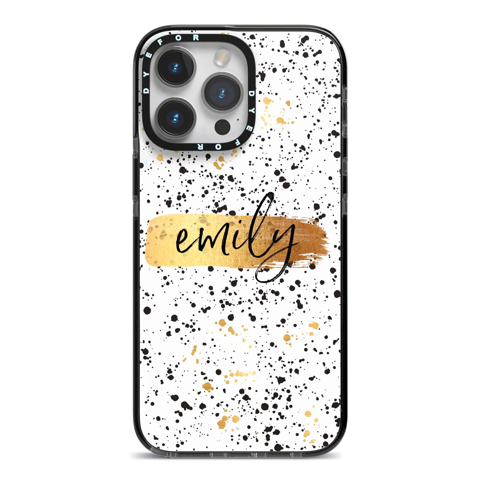 Personalised Ink Splatter Gold iPhone 14 Pro Max Black Impact Case on Silver phone