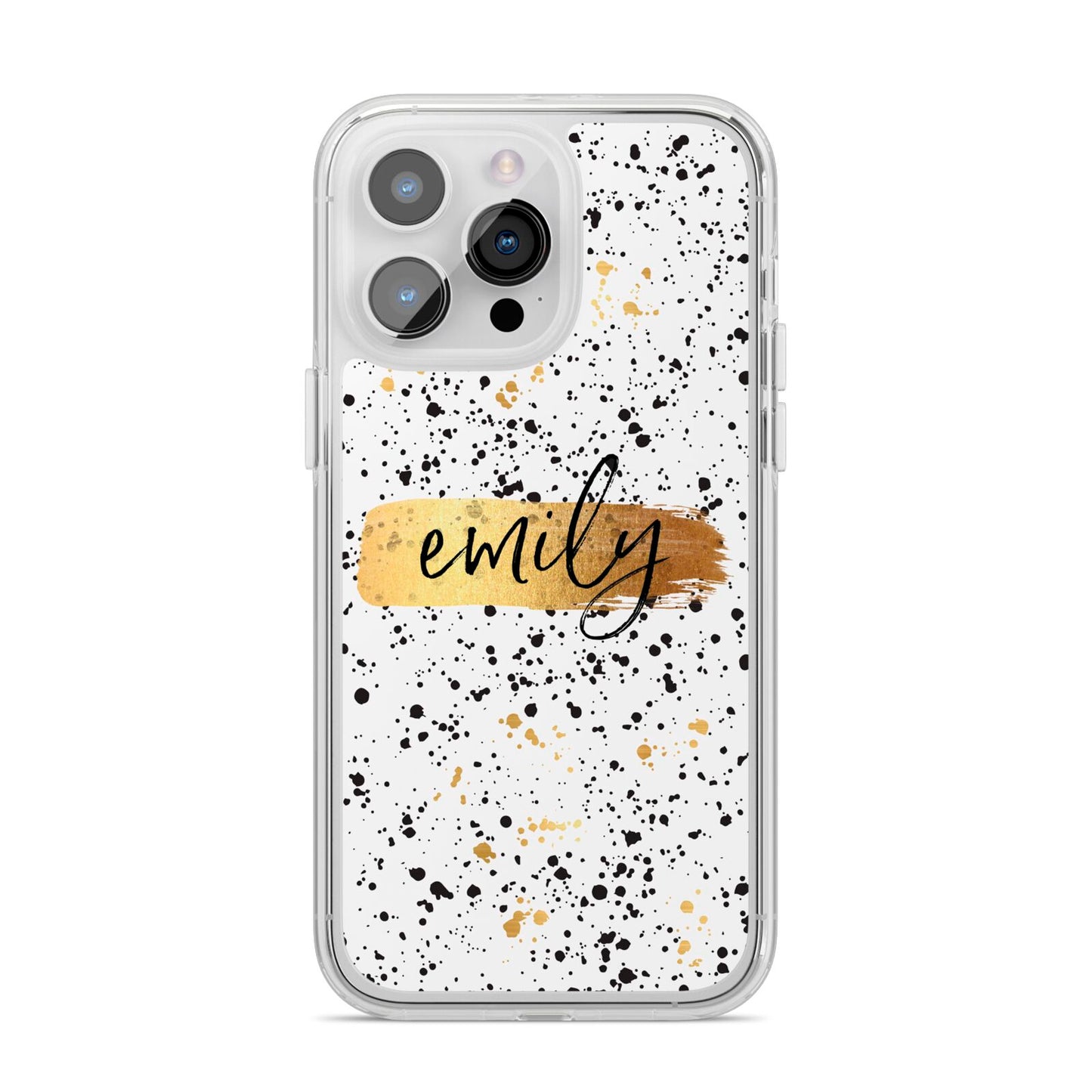 Personalised Ink Splatter Gold iPhone 14 Pro Max Clear Tough Case Silver