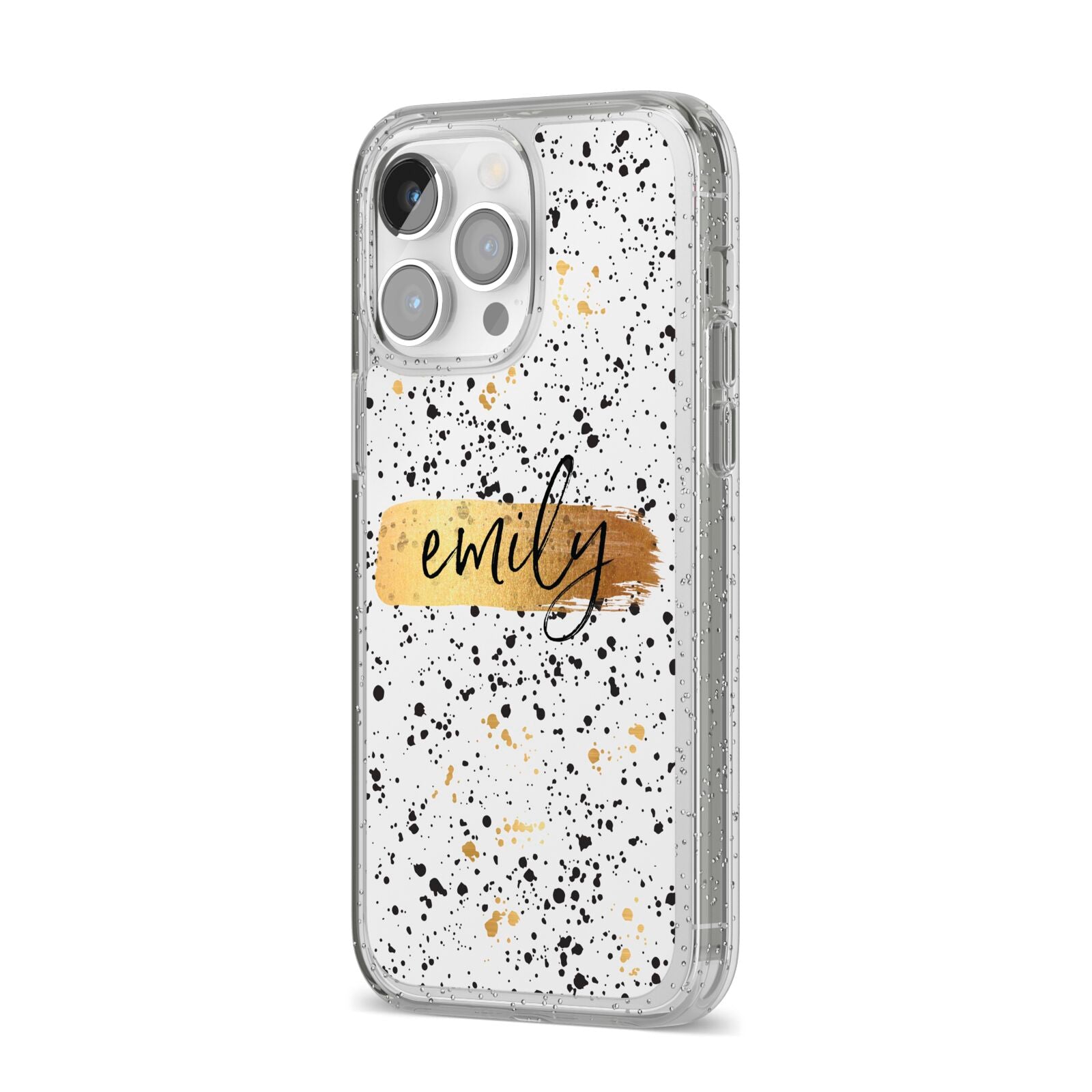 Personalised Ink Splatter Gold iPhone 14 Pro Max Glitter Tough Case Silver Angled Image