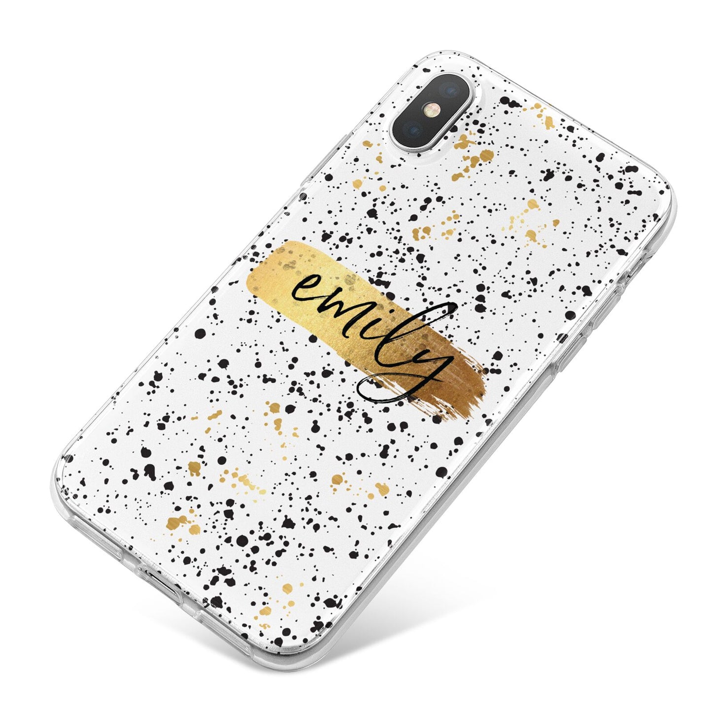 Personalised Ink Splatter Gold iPhone X Bumper Case on Silver iPhone