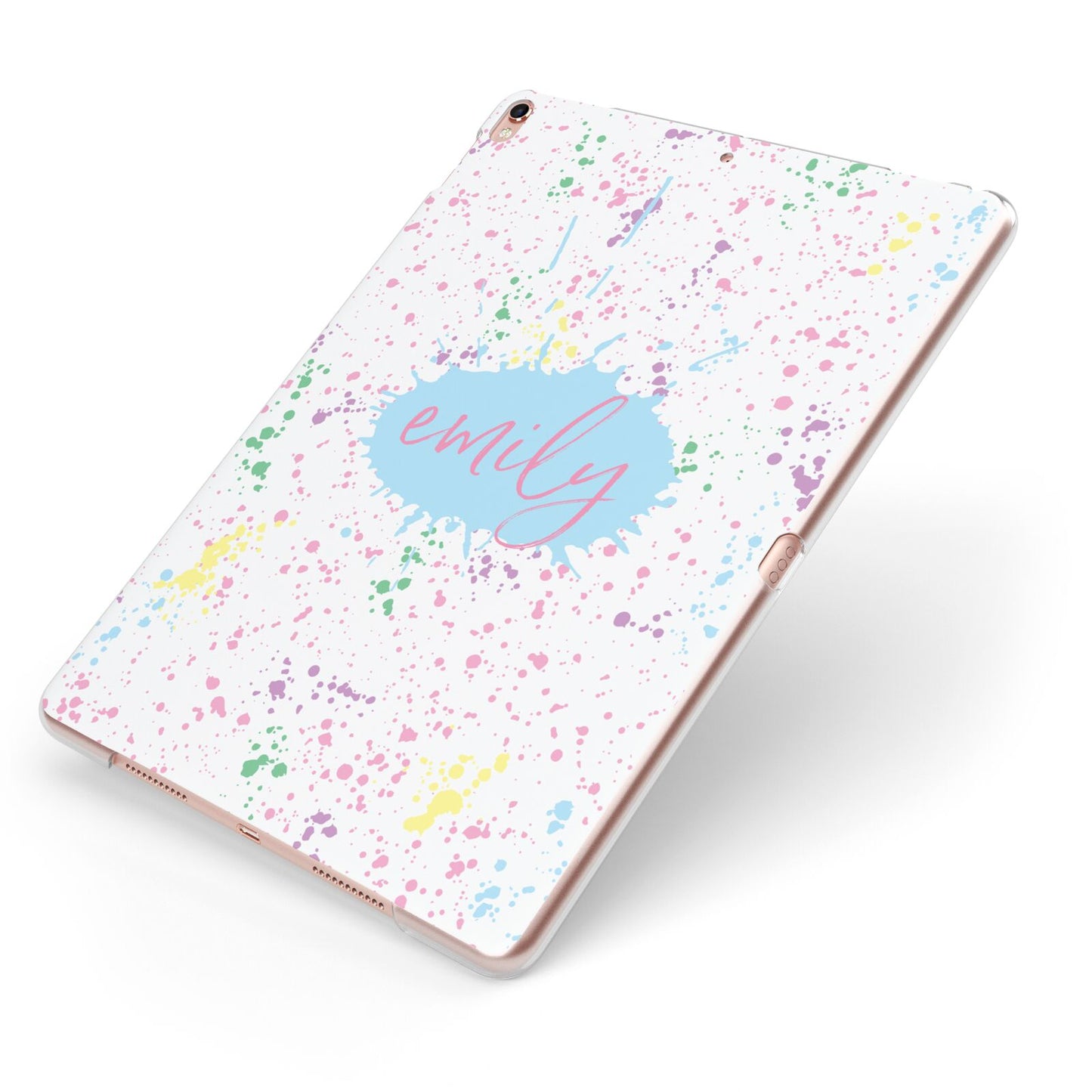Personalised Ink Splatter Mulitcoloured Apple iPad Case on Rose Gold iPad Side View