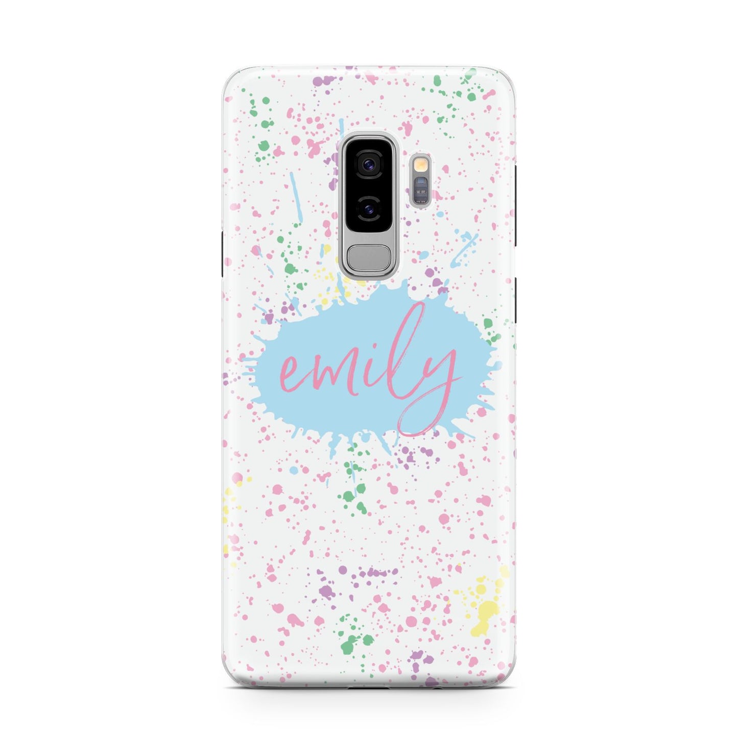 Personalised Ink Splatter Mulitcoloured Samsung Galaxy S9 Plus Case on Silver phone