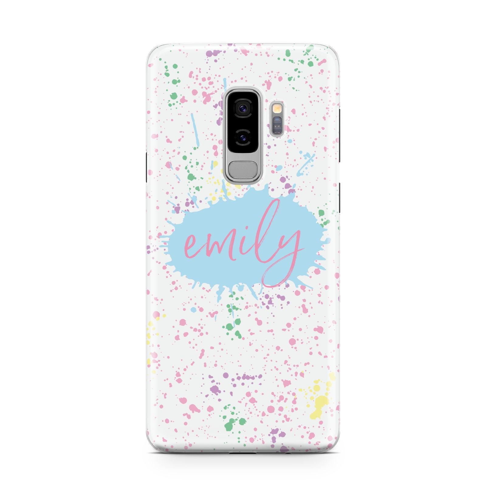 Personalised Ink Splatter Mulitcoloured Samsung Galaxy S9 Plus Case on Silver phone