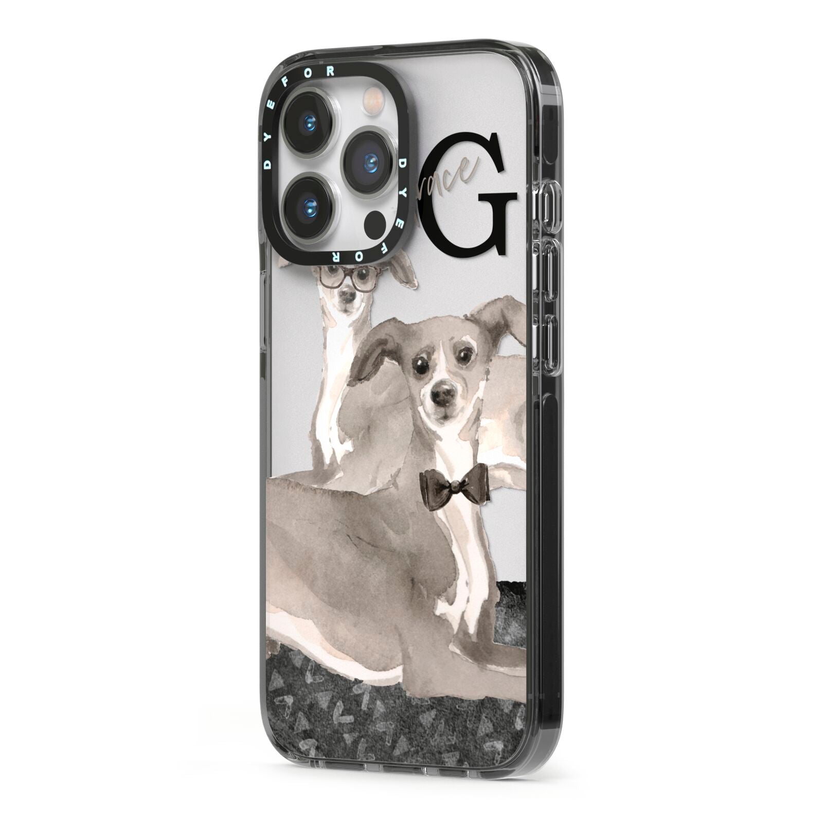Personalised Italian Greyhound iPhone 13 Pro Black Impact Case Side Angle on Silver phone