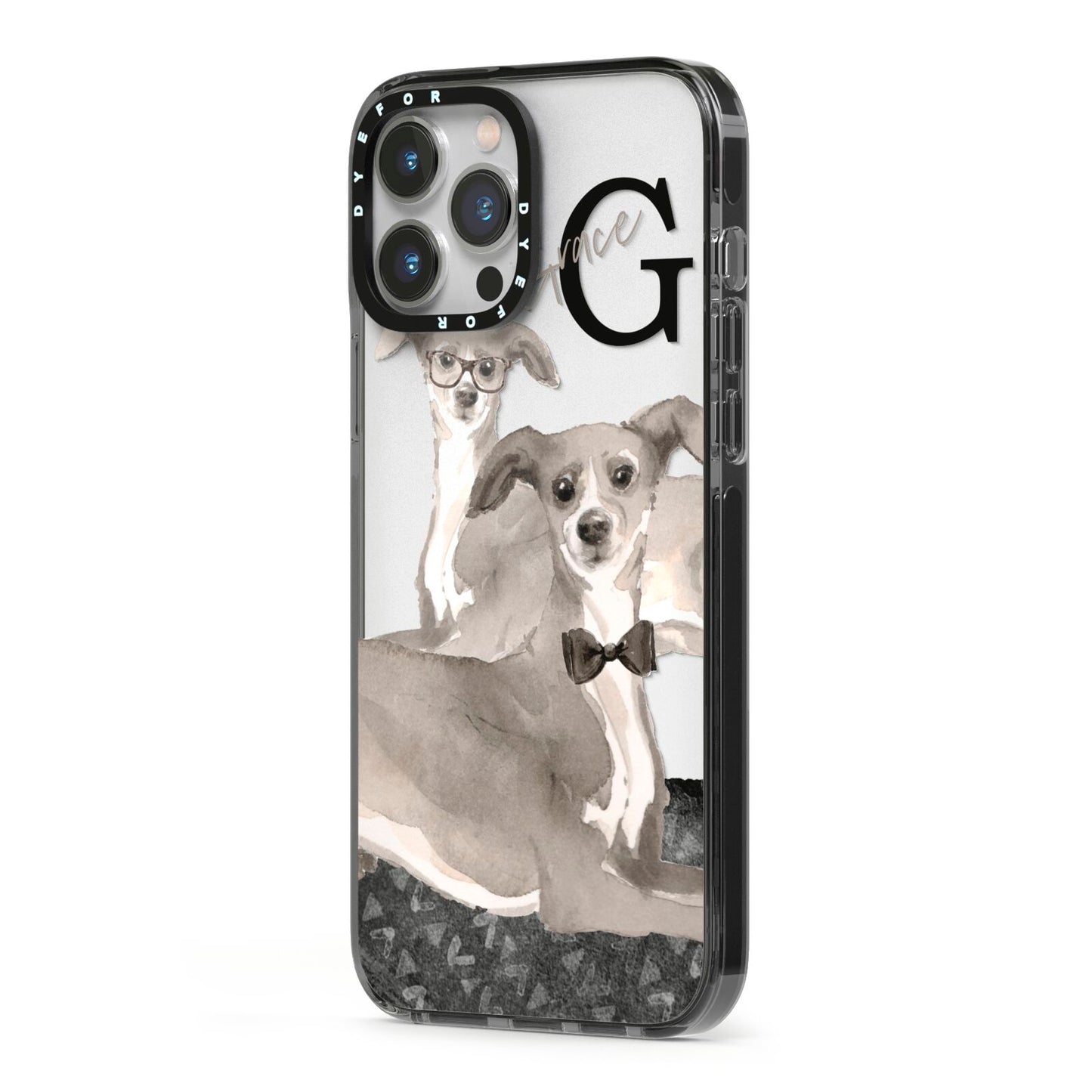 Personalised Italian Greyhound iPhone 13 Pro Max Black Impact Case Side Angle on Silver phone
