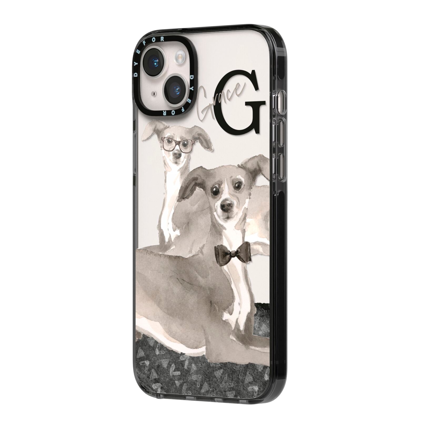 Personalised Italian Greyhound iPhone 14 Plus Black Impact Case Side Angle on Silver phone