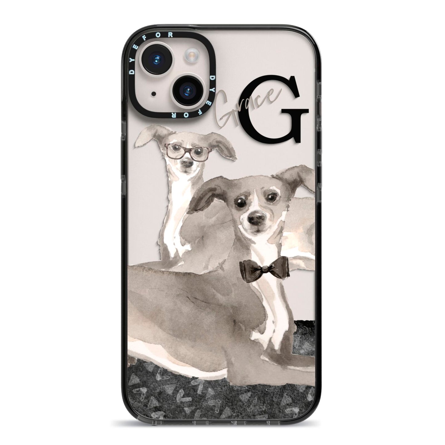 Personalised Italian Greyhound iPhone 14 Plus Black Impact Case on Silver phone