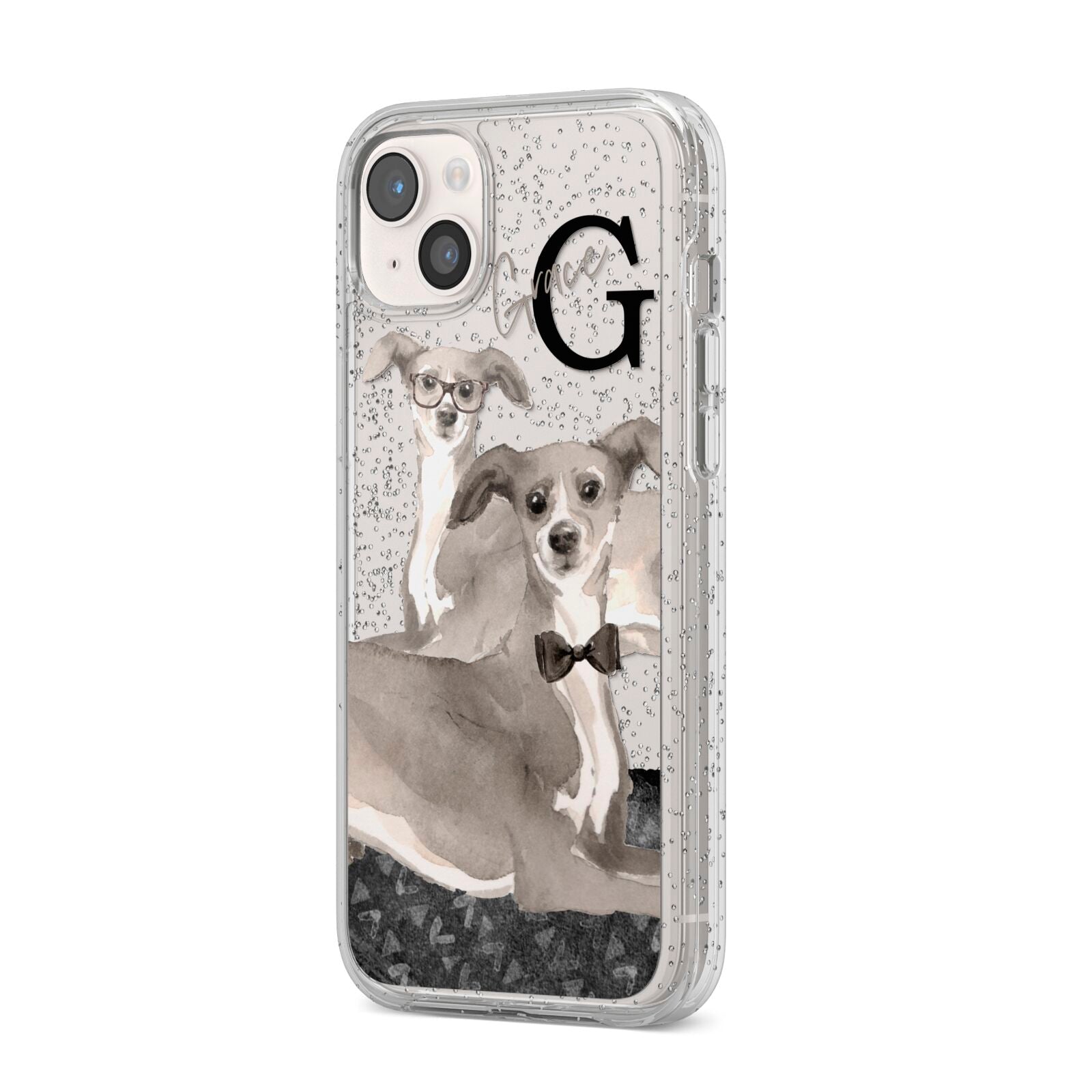 Personalised Italian Greyhound iPhone 14 Plus Glitter Tough Case Starlight Angled Image