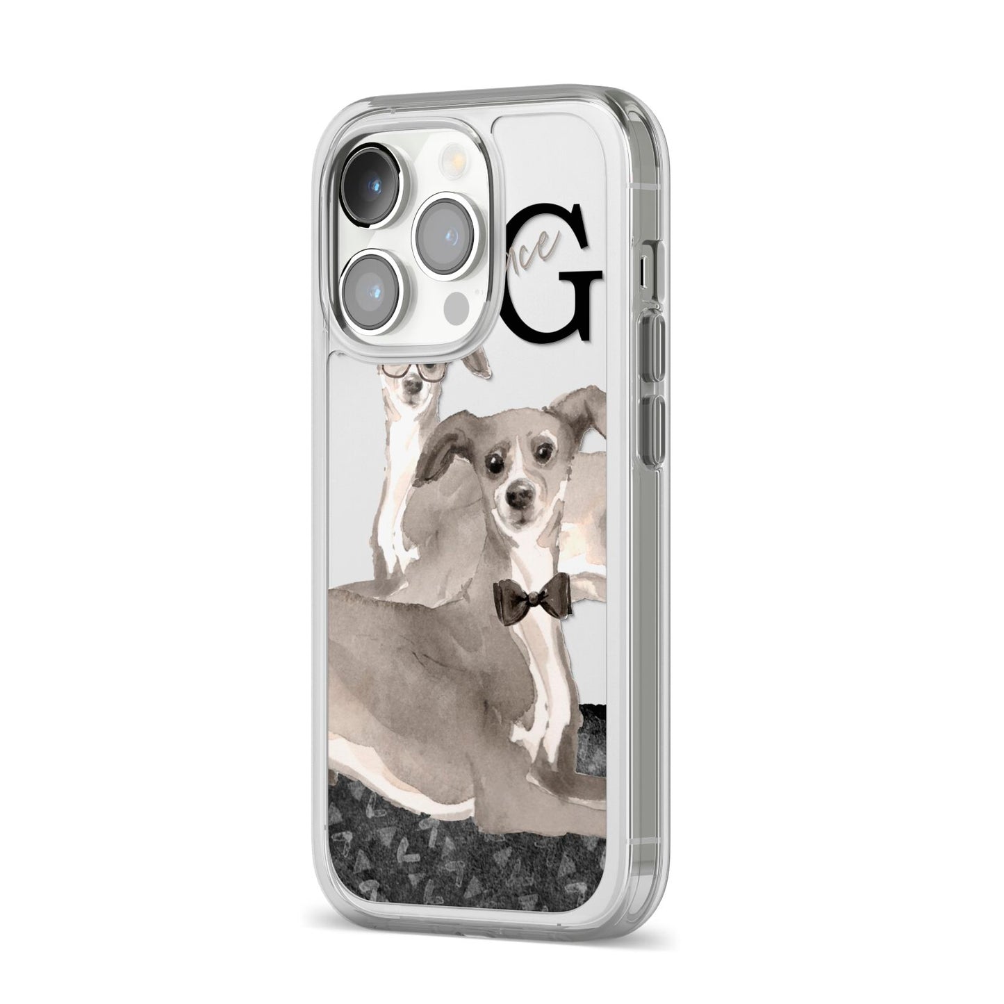 Personalised Italian Greyhound iPhone 14 Pro Clear Tough Case Silver Angled Image