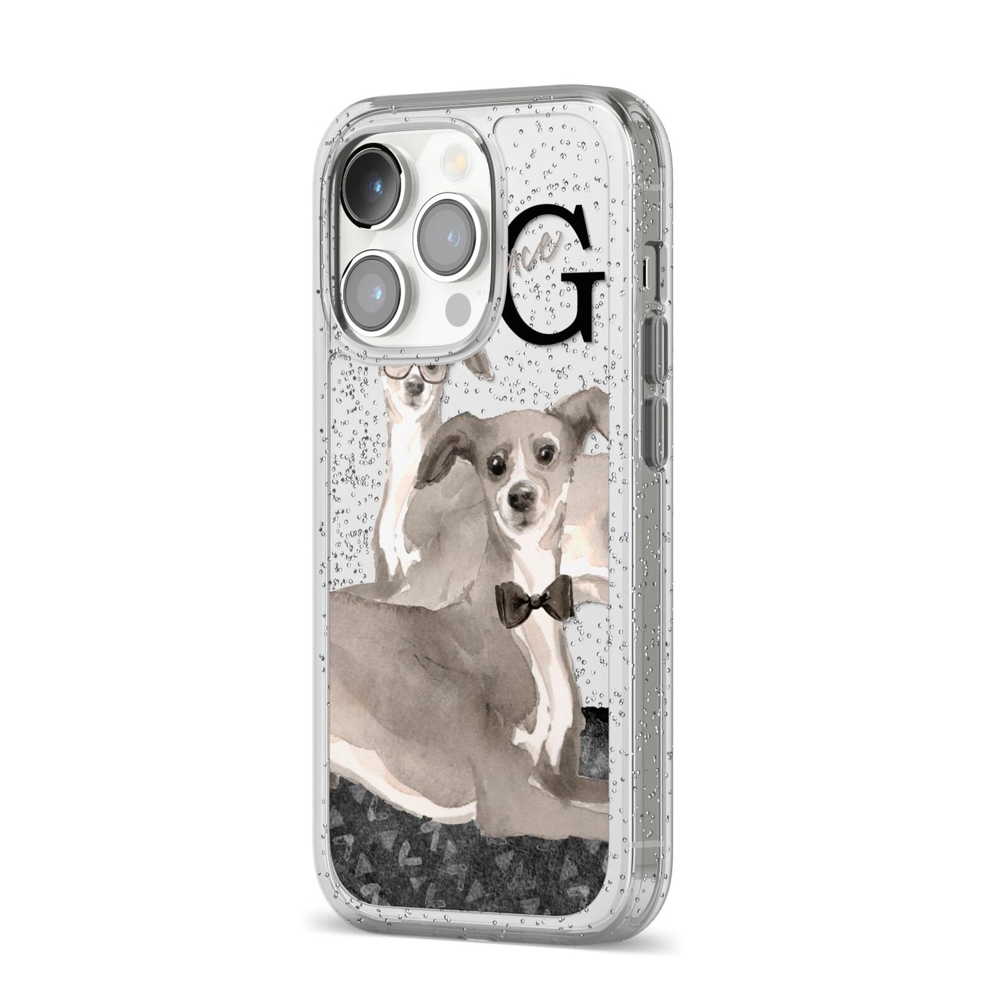 Personalised Italian Greyhound iPhone 14 Pro Glitter Tough Case Silver Angled Image