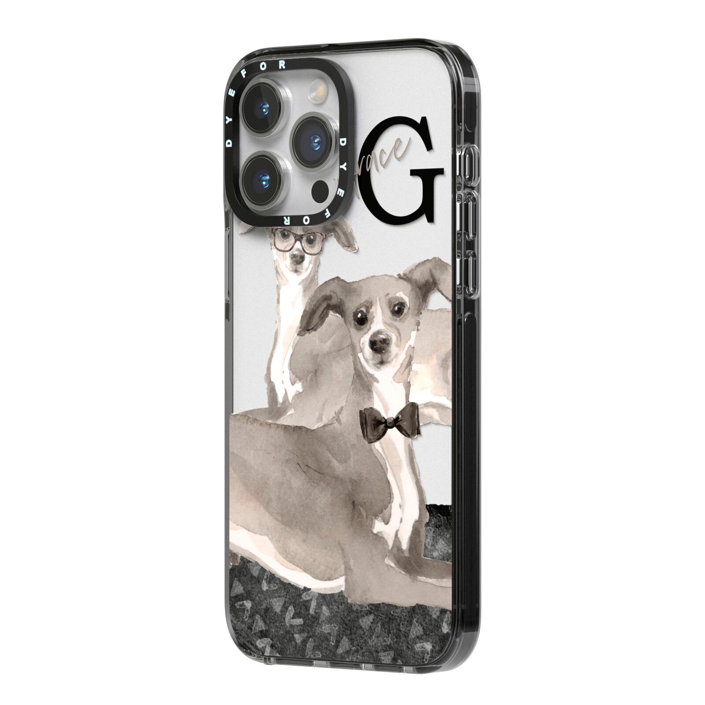 Personalised Italian Greyhound iPhone 14 Pro Max Black Impact Case Side Angle on Silver phone